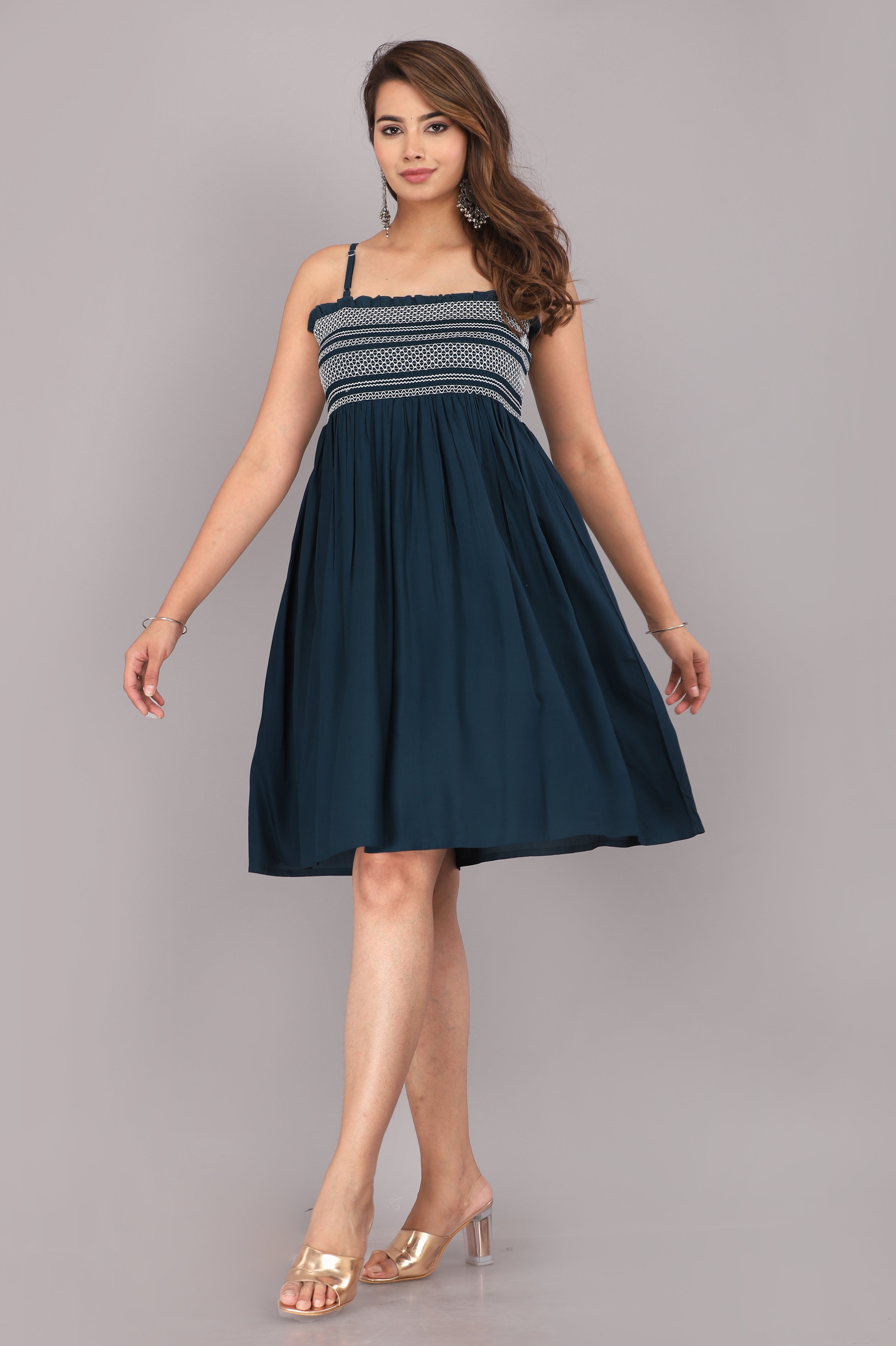 Navy Blue Smocked Rayon Fit &amp; Flare Western Dress