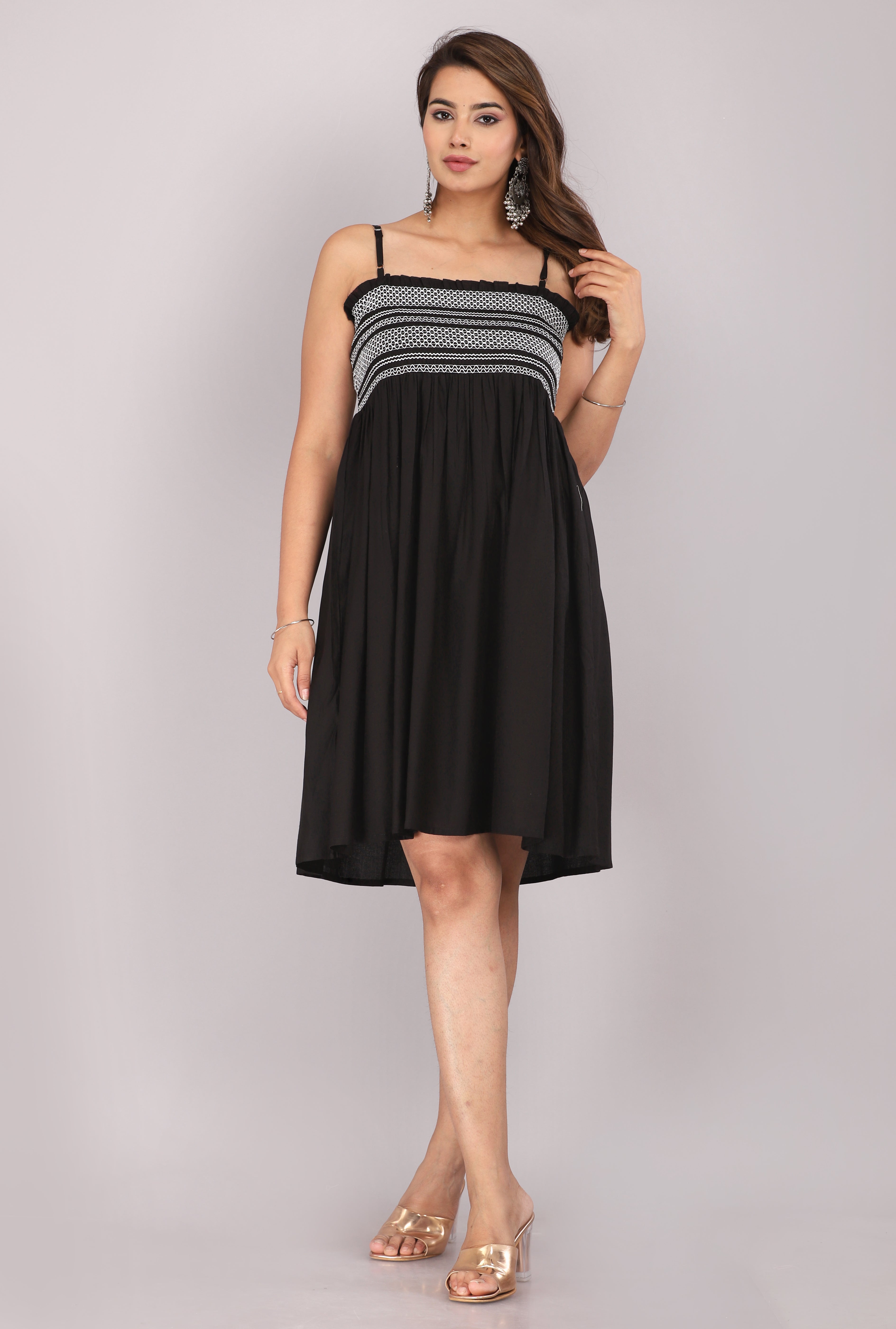 Black Smocked Rayon Fit & Flare Western Dress