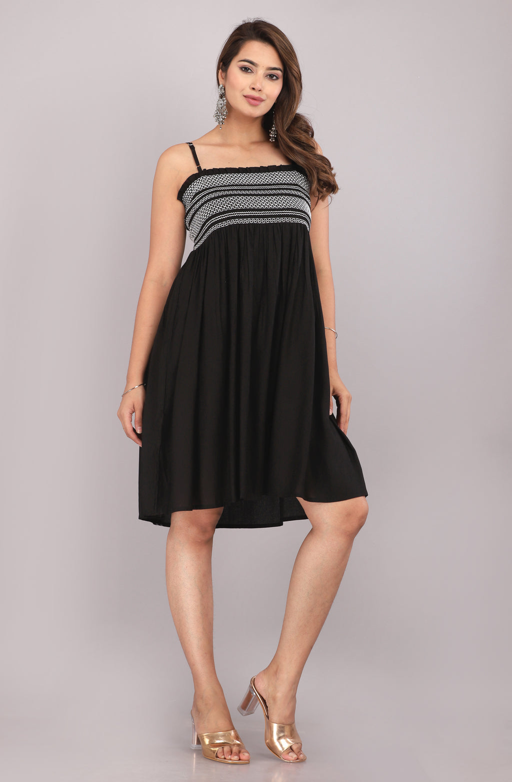 Black Smocked Rayon Fit & Flare Western Dress