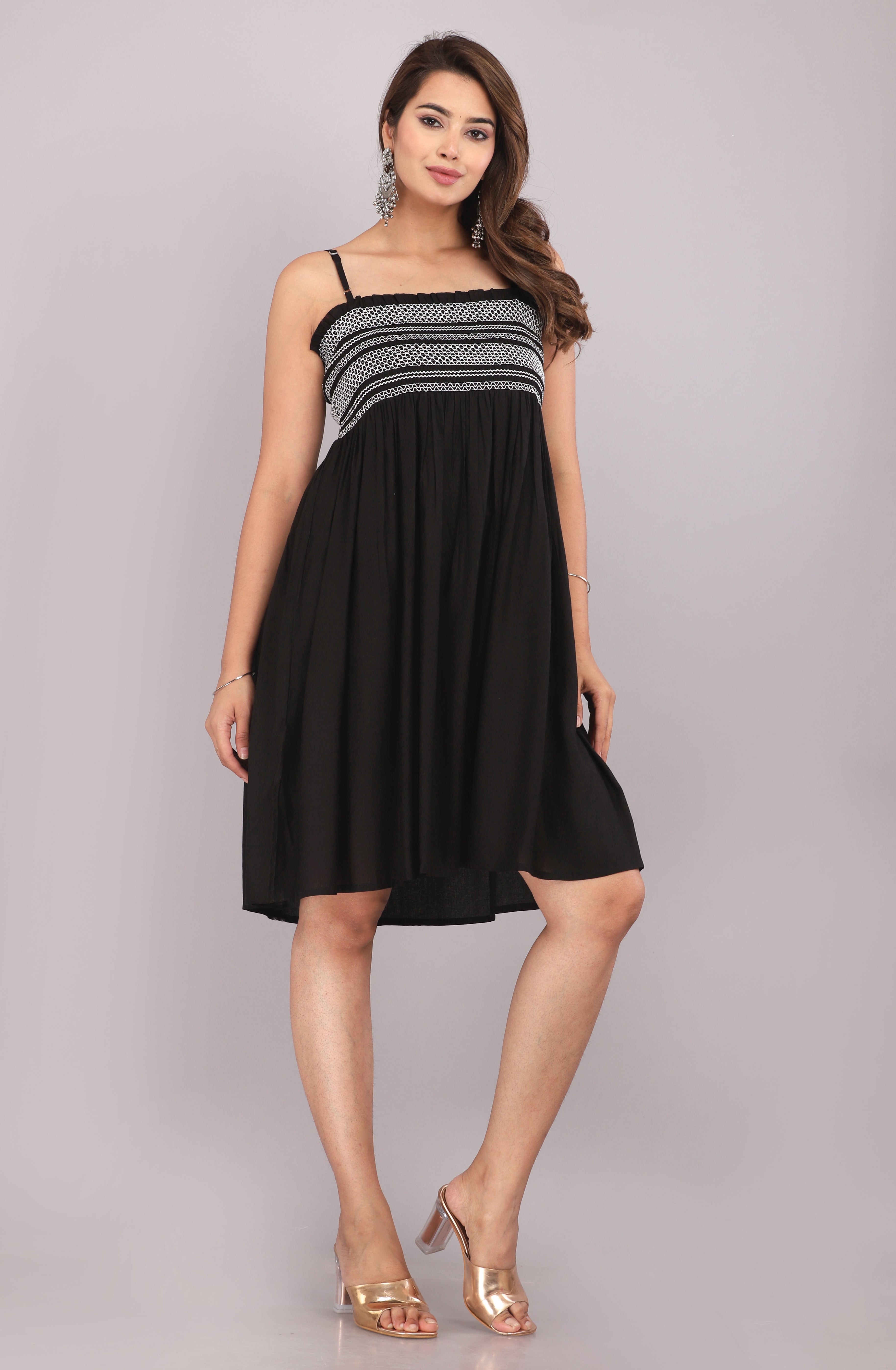 Black Smocked Rayon Fit & Flare Western Dress