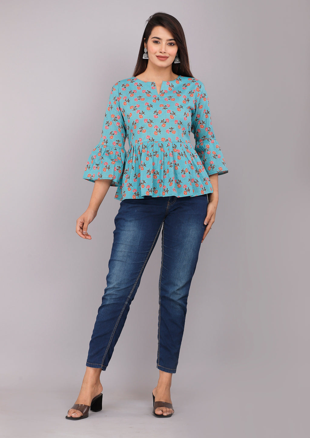 Blue Blossom Cotton Peplum Top