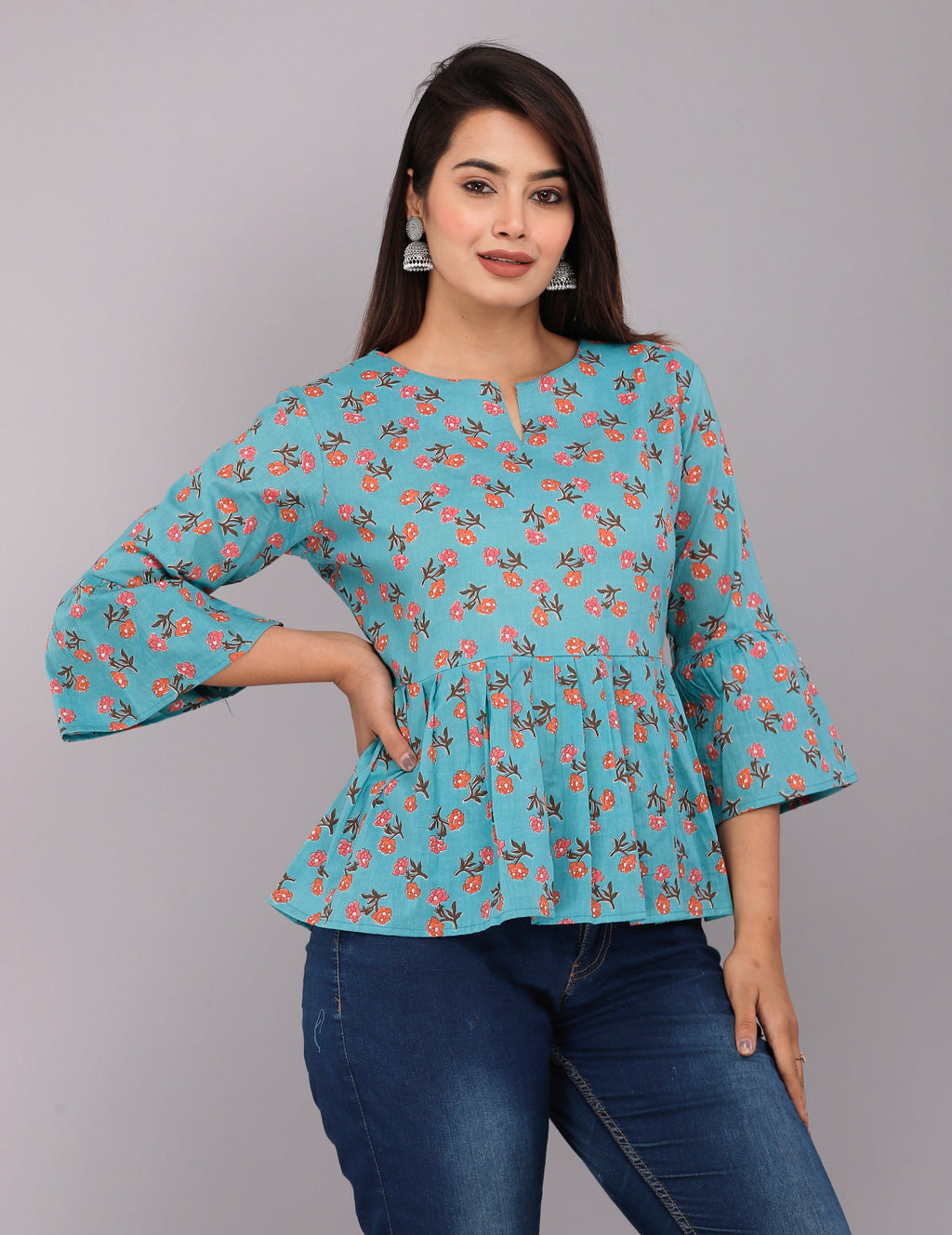 Blue Blossom Cotton Peplum Top