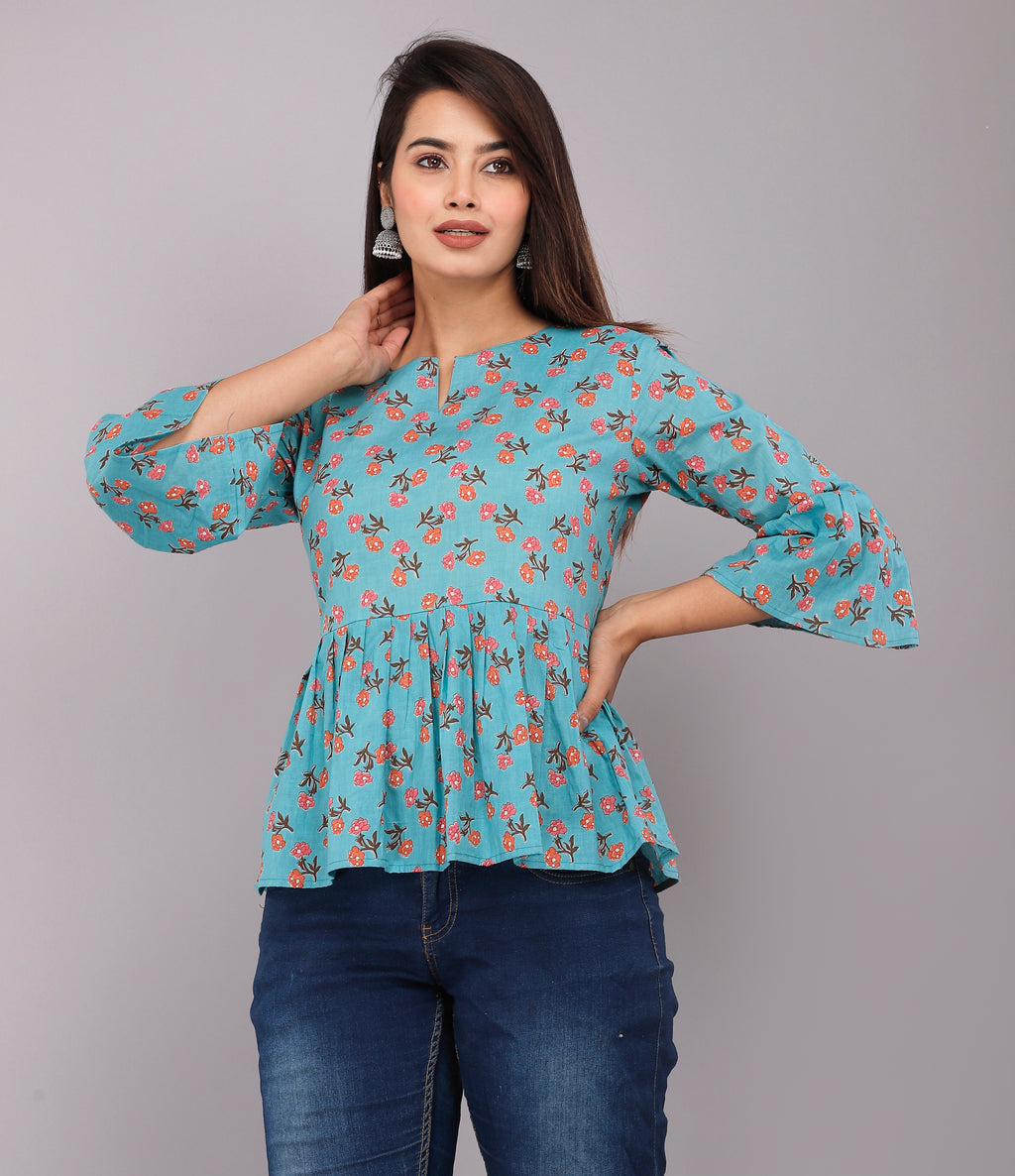 Blue Blossom Cotton Peplum Top