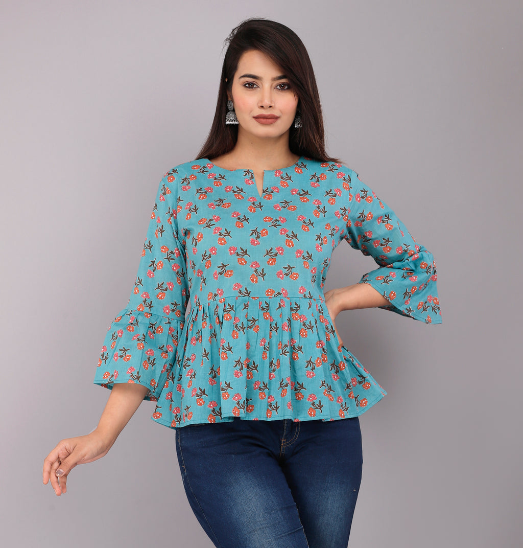 Blue Blossom Cotton Peplum Top