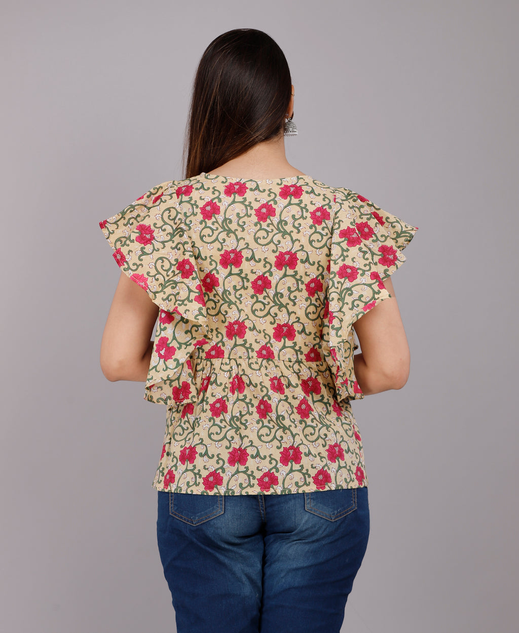 Beige &amp; Pink Floral Butterfly Sleeve Cotton Top