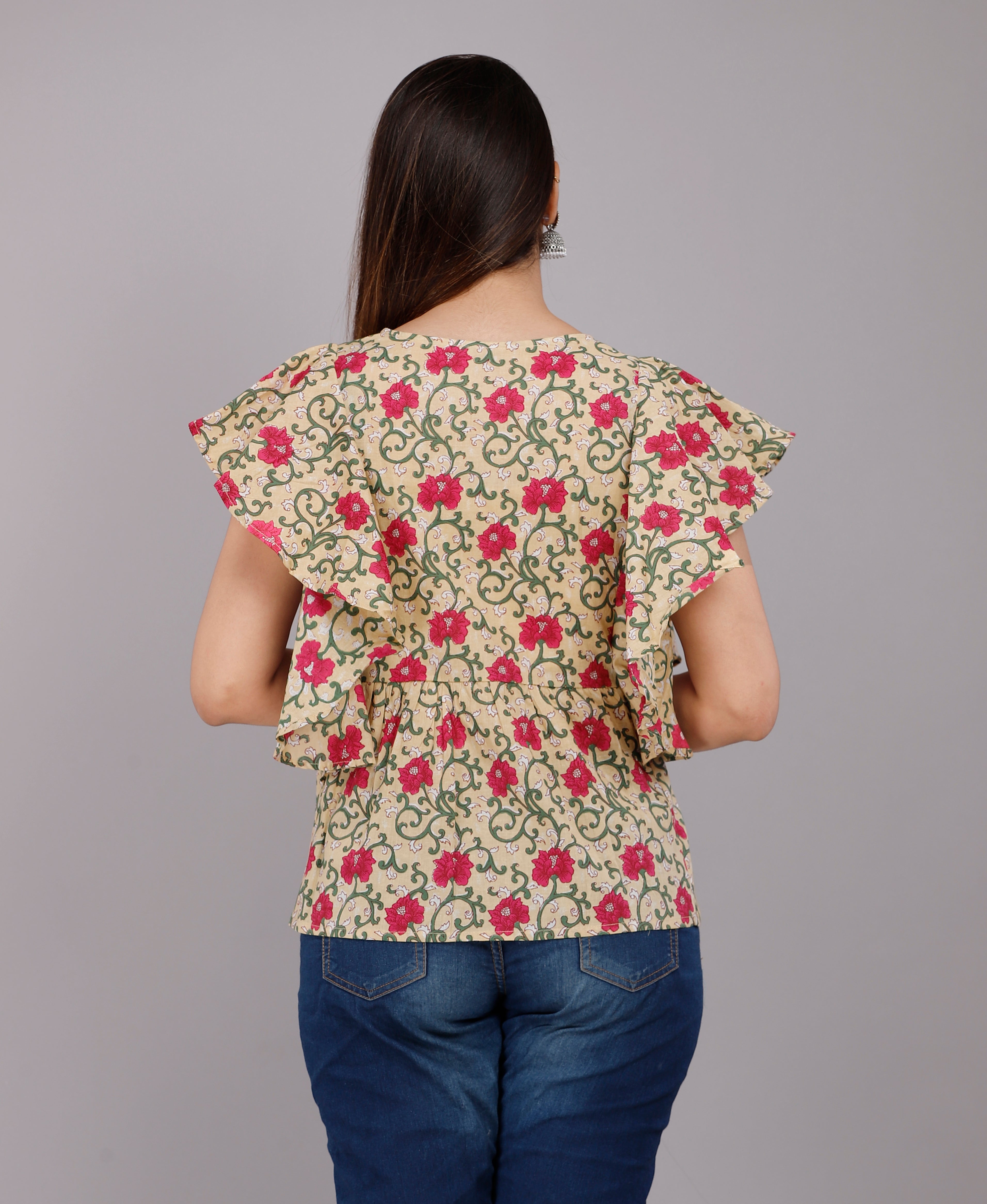 Beige &amp; Pink Floral Butterfly Sleeve Cotton Top