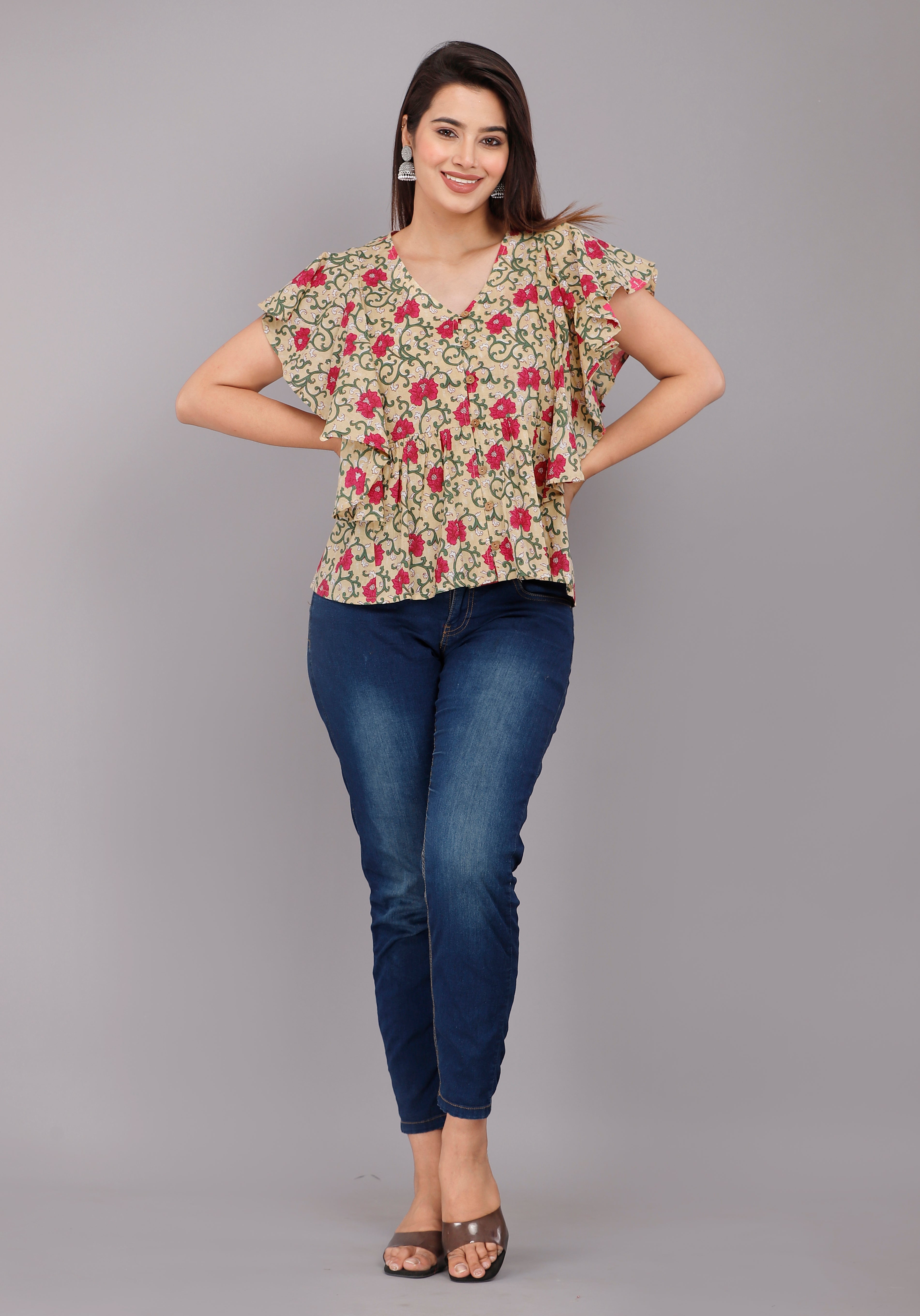 Beige &amp; Pink Floral Butterfly Sleeve Cotton Top
