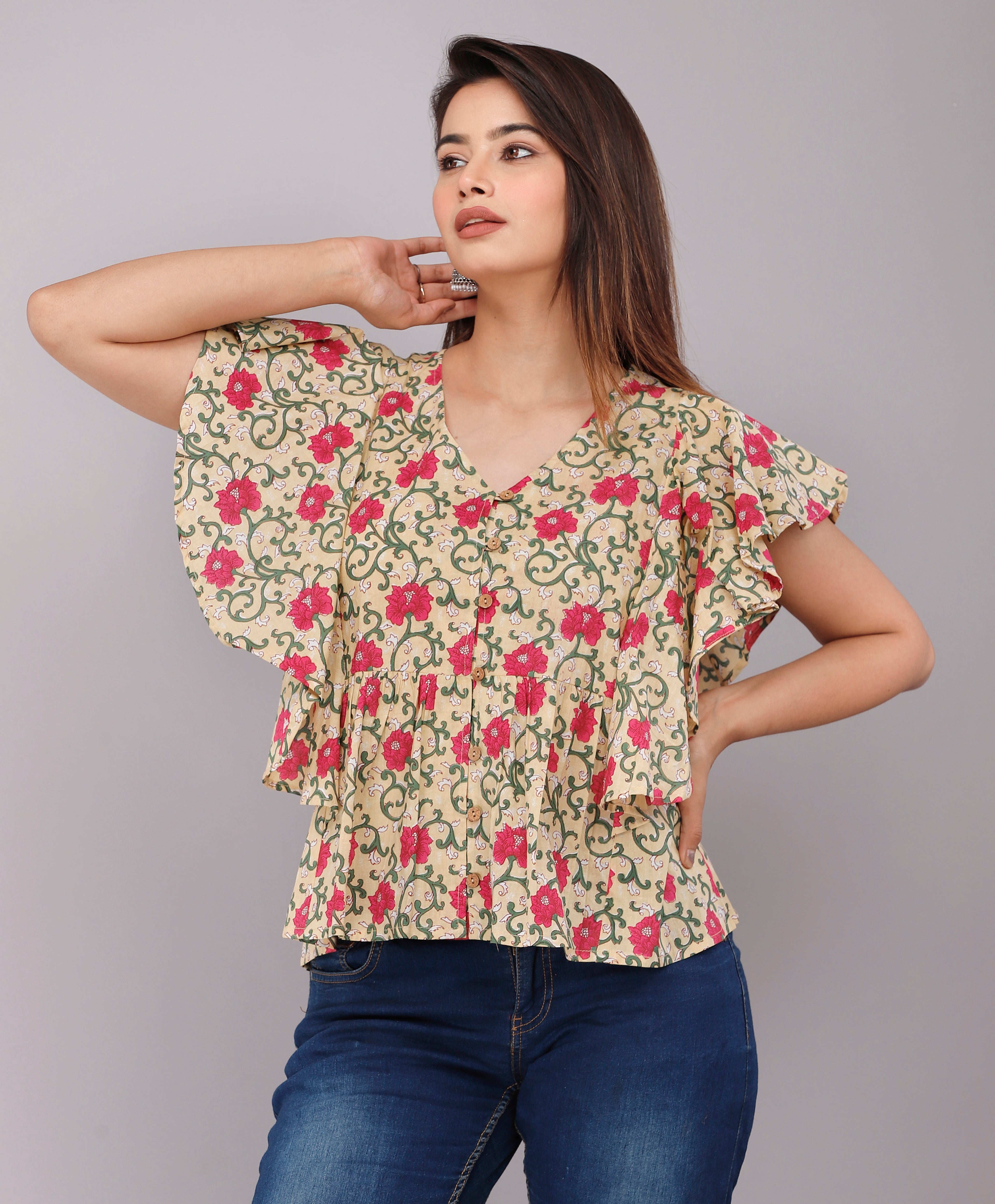 Beige &amp; Pink Floral Butterfly Sleeve Cotton Top