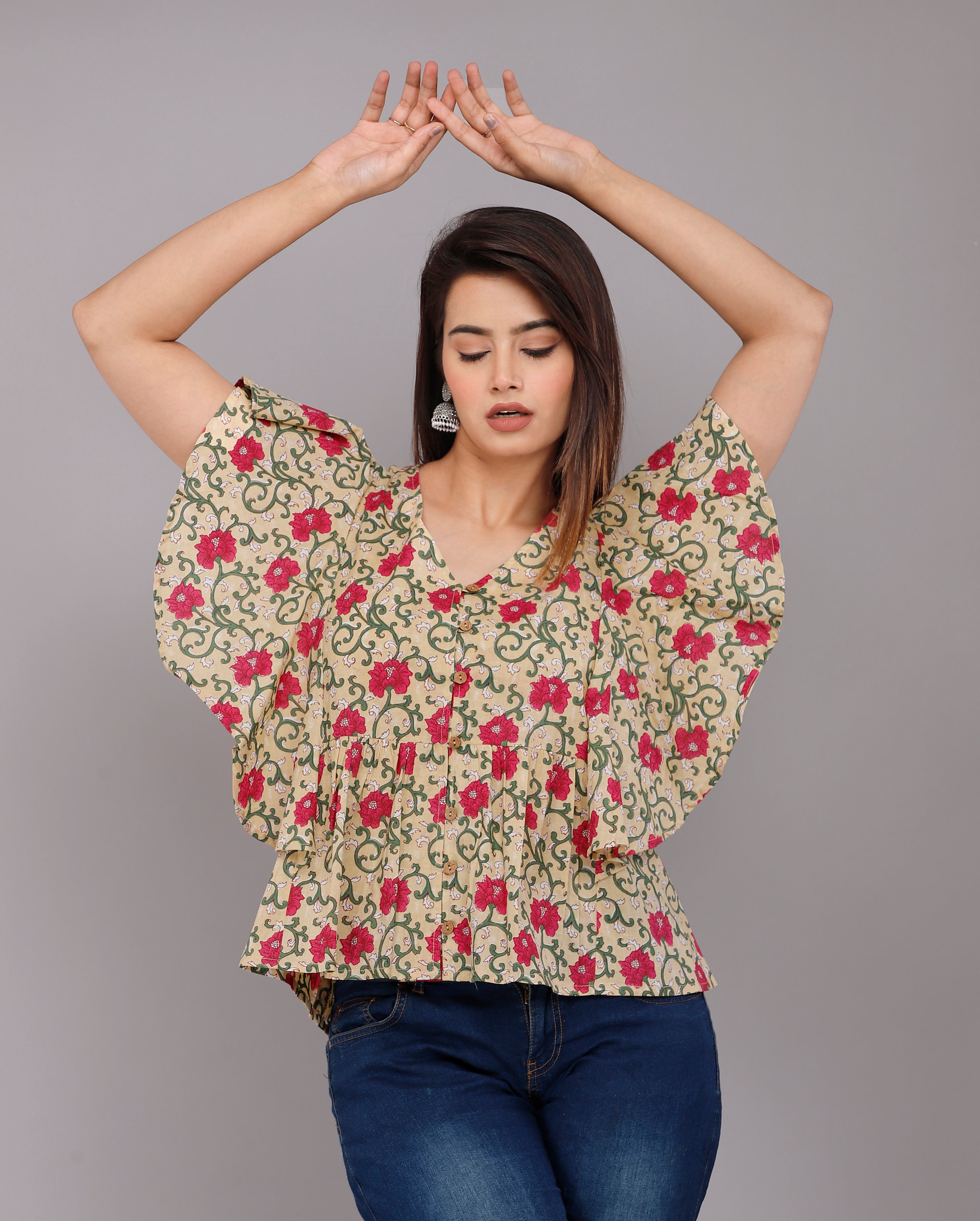 Beige &amp; Pink Floral Butterfly Sleeve Cotton Top