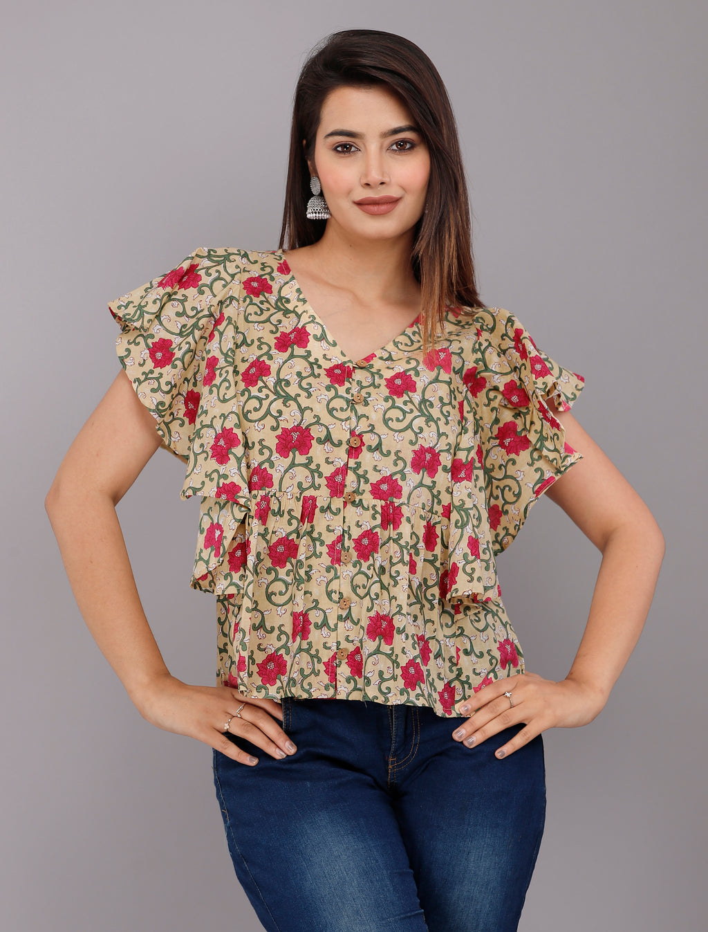 Beige &amp; Pink Floral Butterfly Sleeve Cotton Top