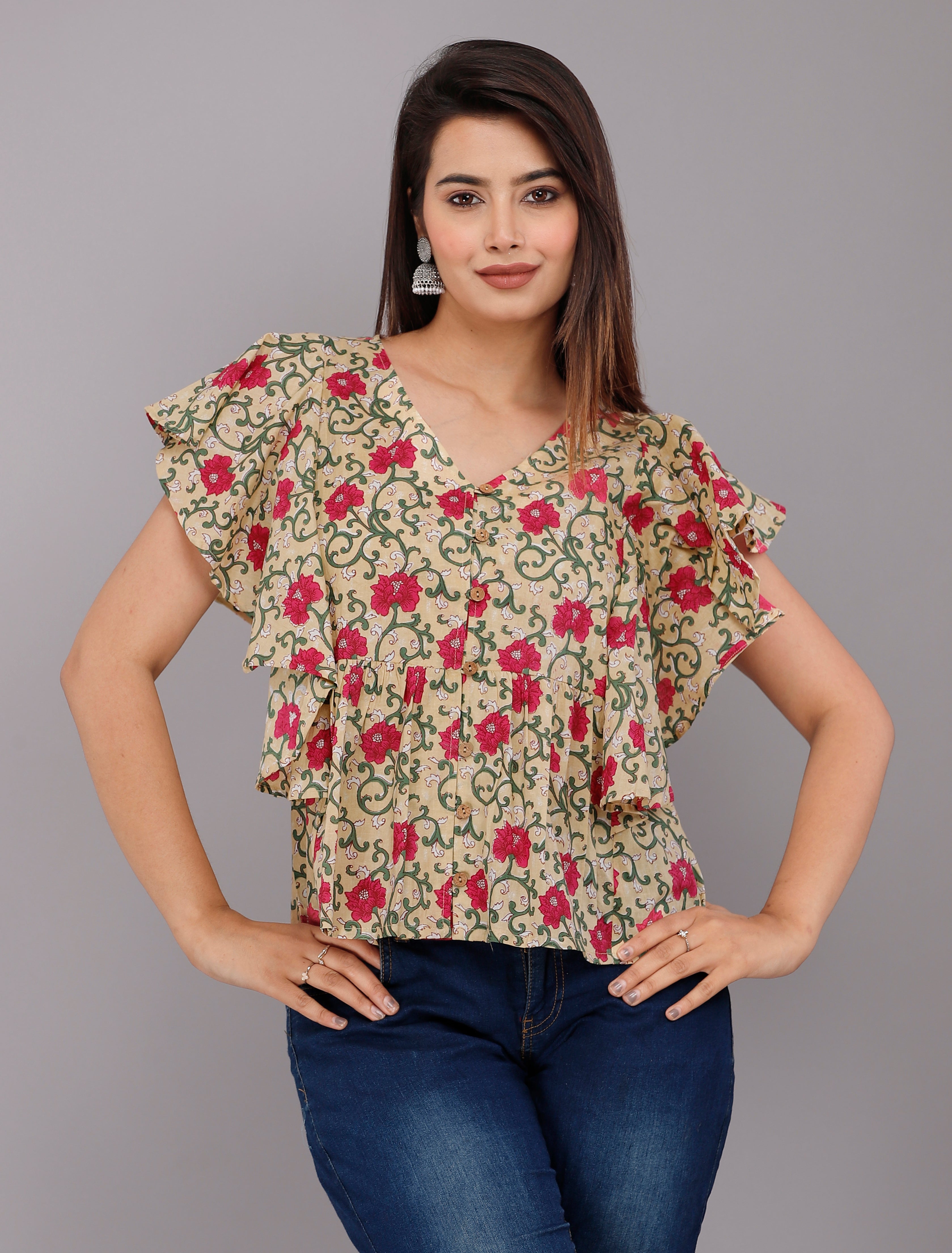 Beige &amp; Pink Floral Butterfly Sleeve Cotton Top