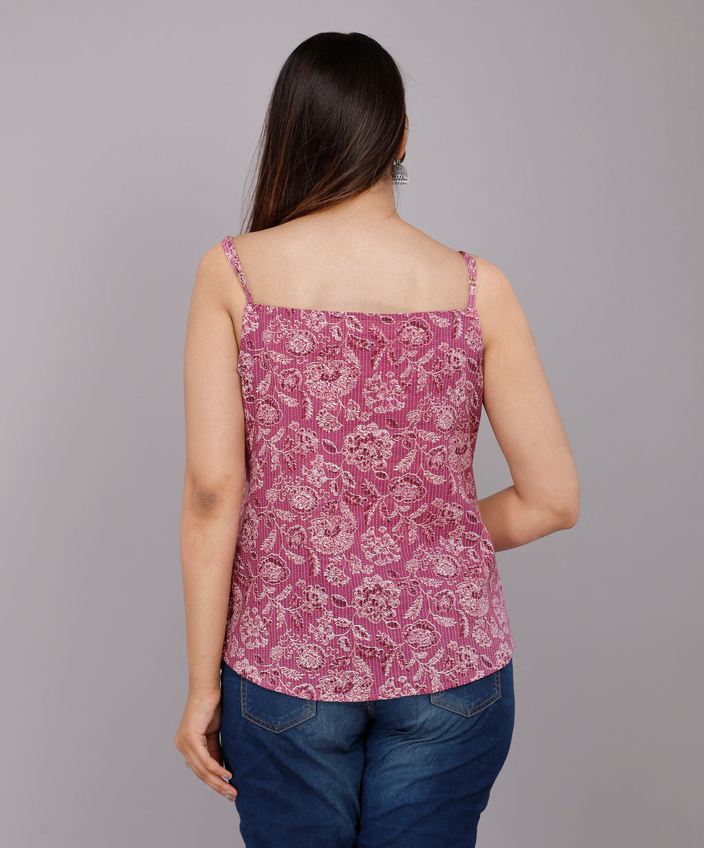 Mauve Floral Printed Cotton Spaghetti Strap Top