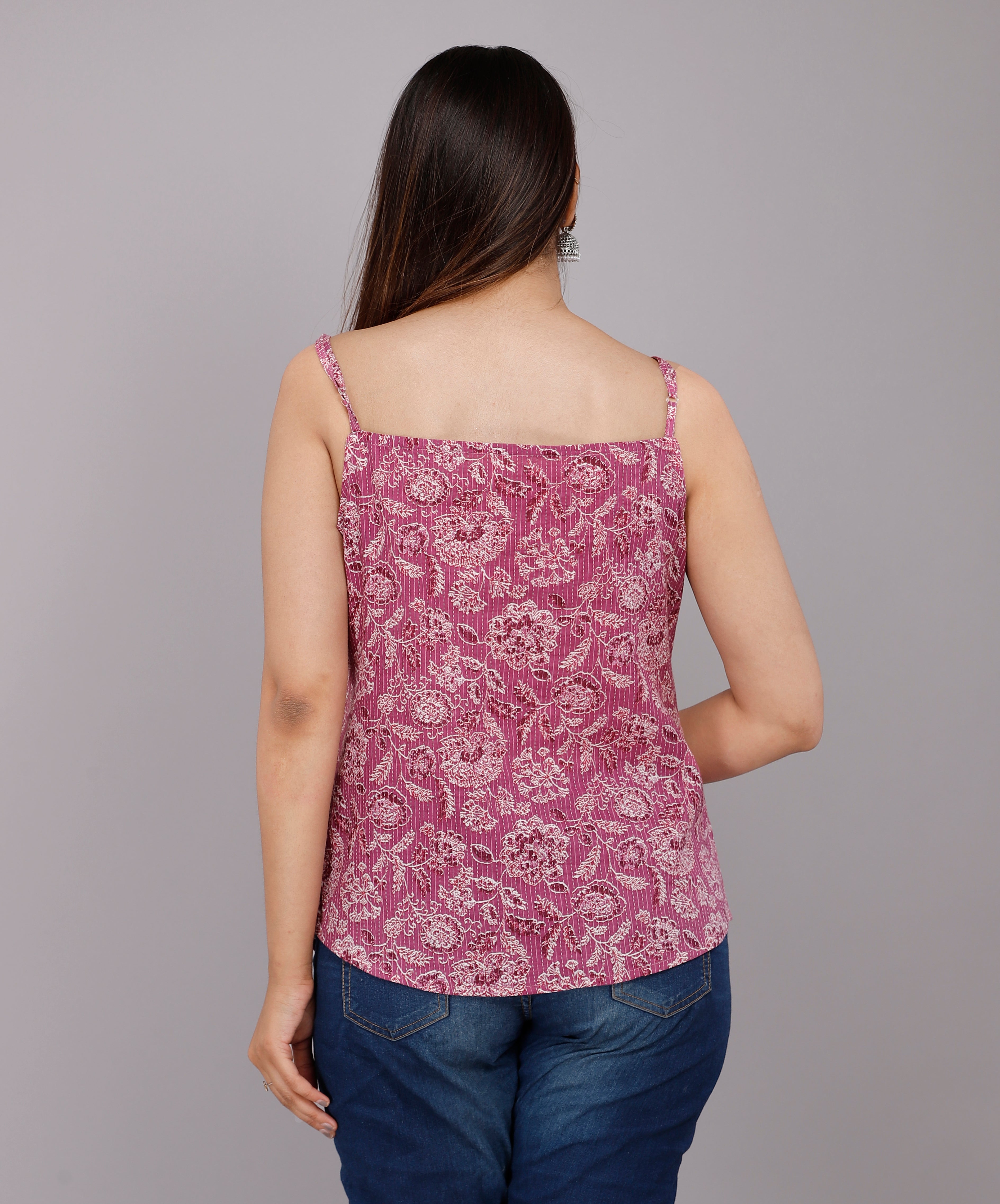 Mauve Floral Printed Cotton Spaghetti Strap Top