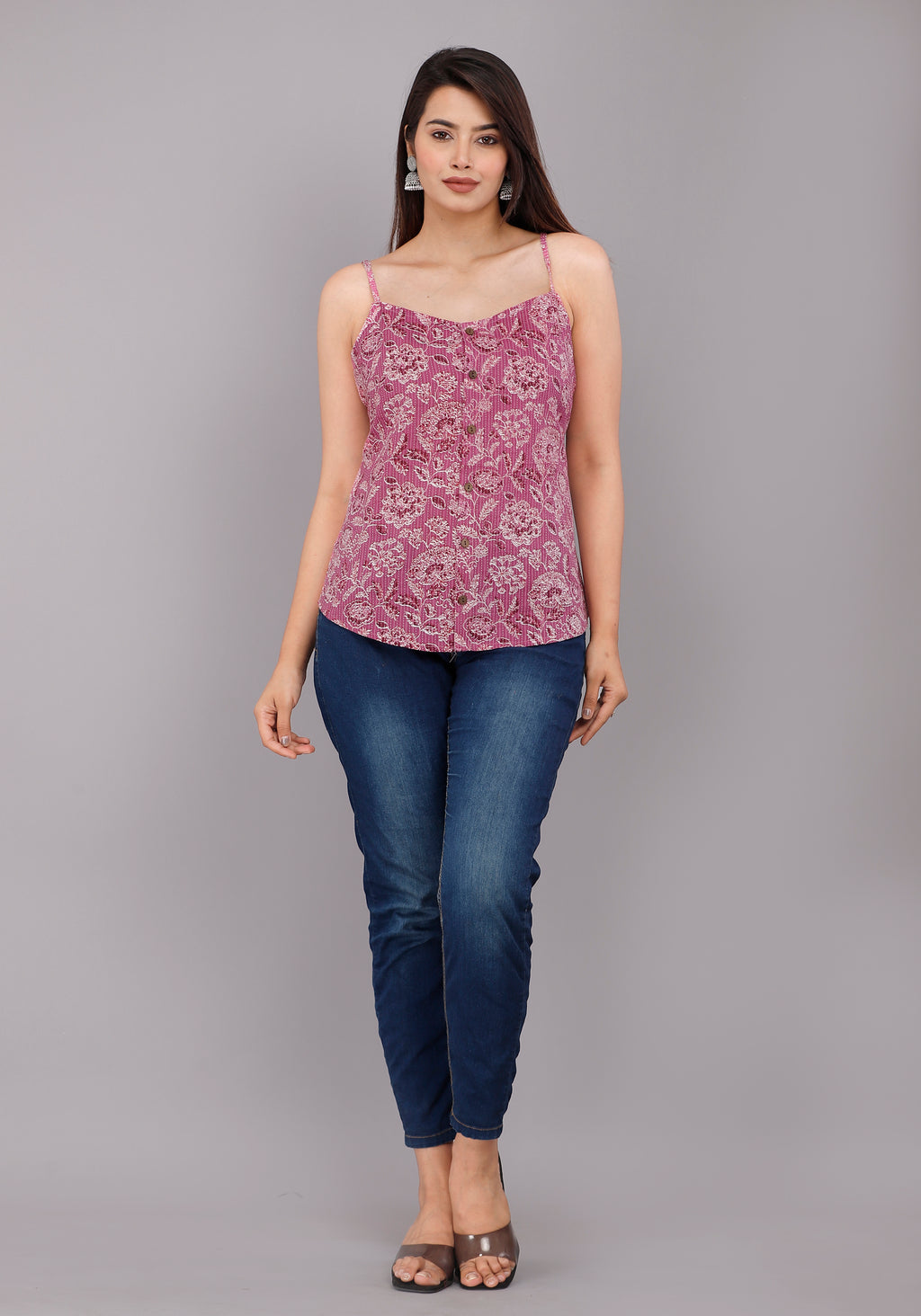 Mauve Floral Printed Cotton Spaghetti Strap Top