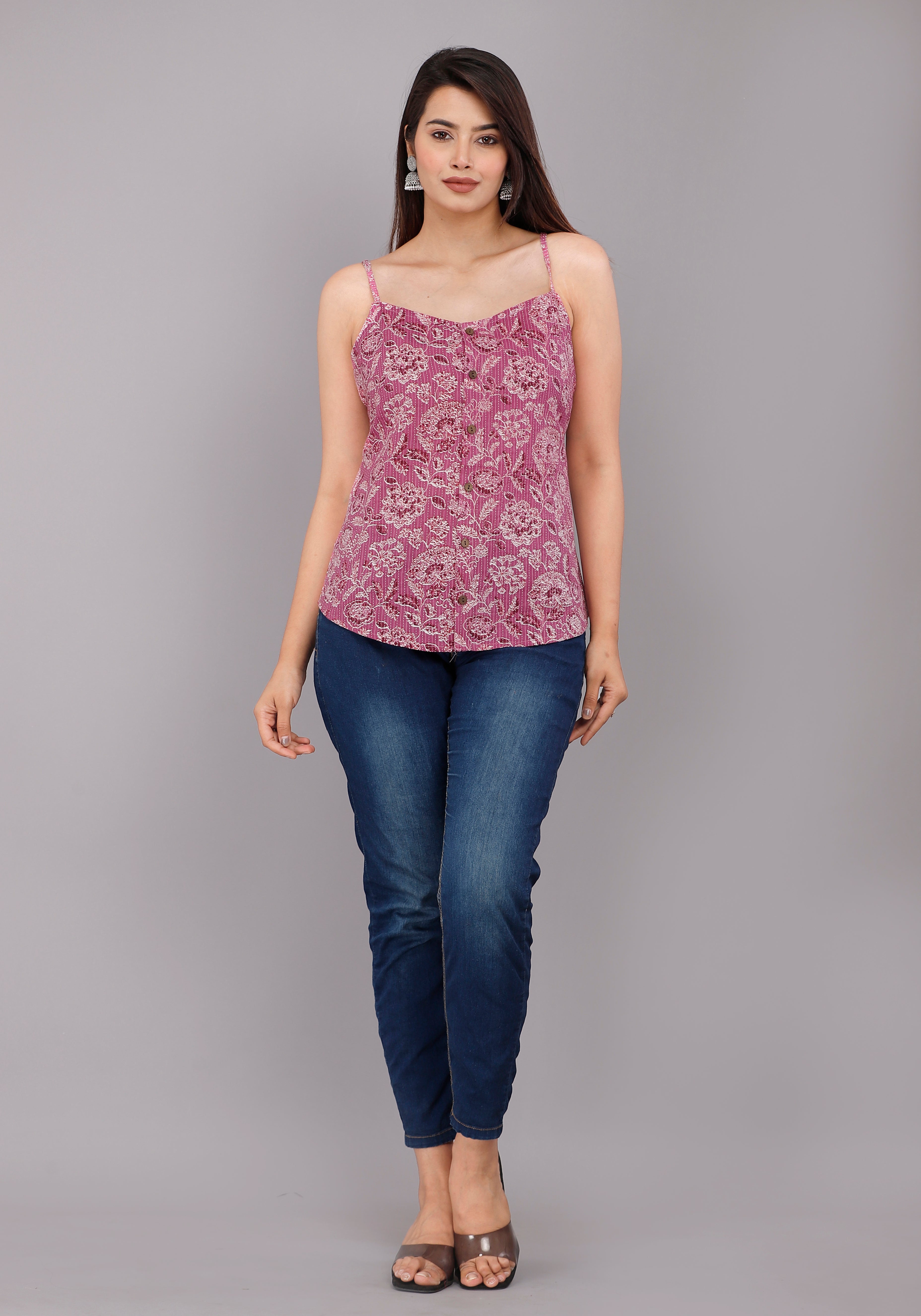 Mauve Floral Printed Cotton Spaghetti Strap Top