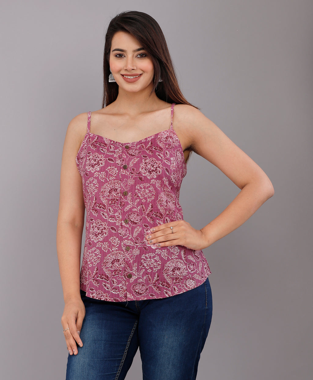 Mauve Floral Printed Cotton Spaghetti Strap Top