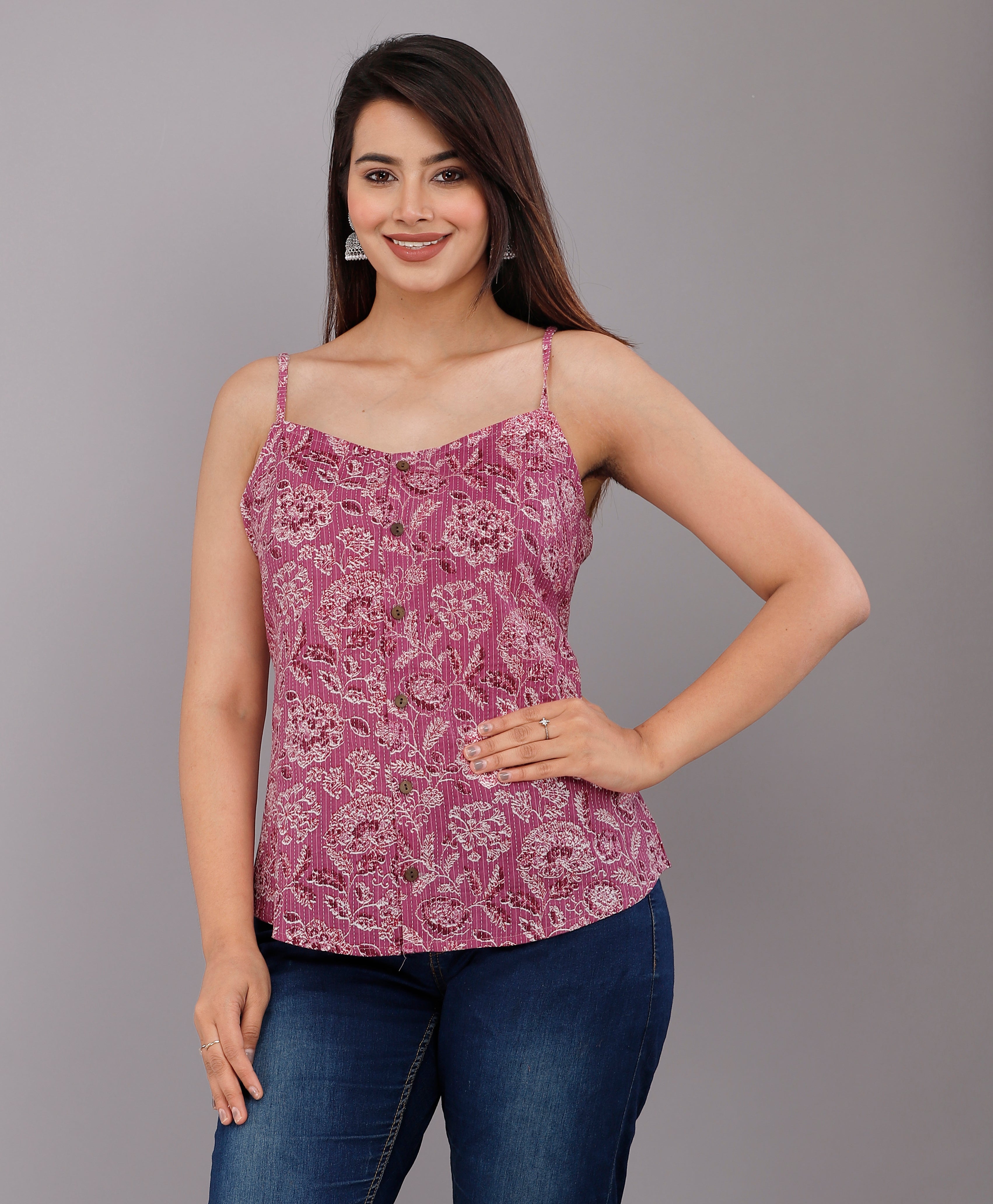 Mauve Floral Printed Cotton Spaghetti Strap Top