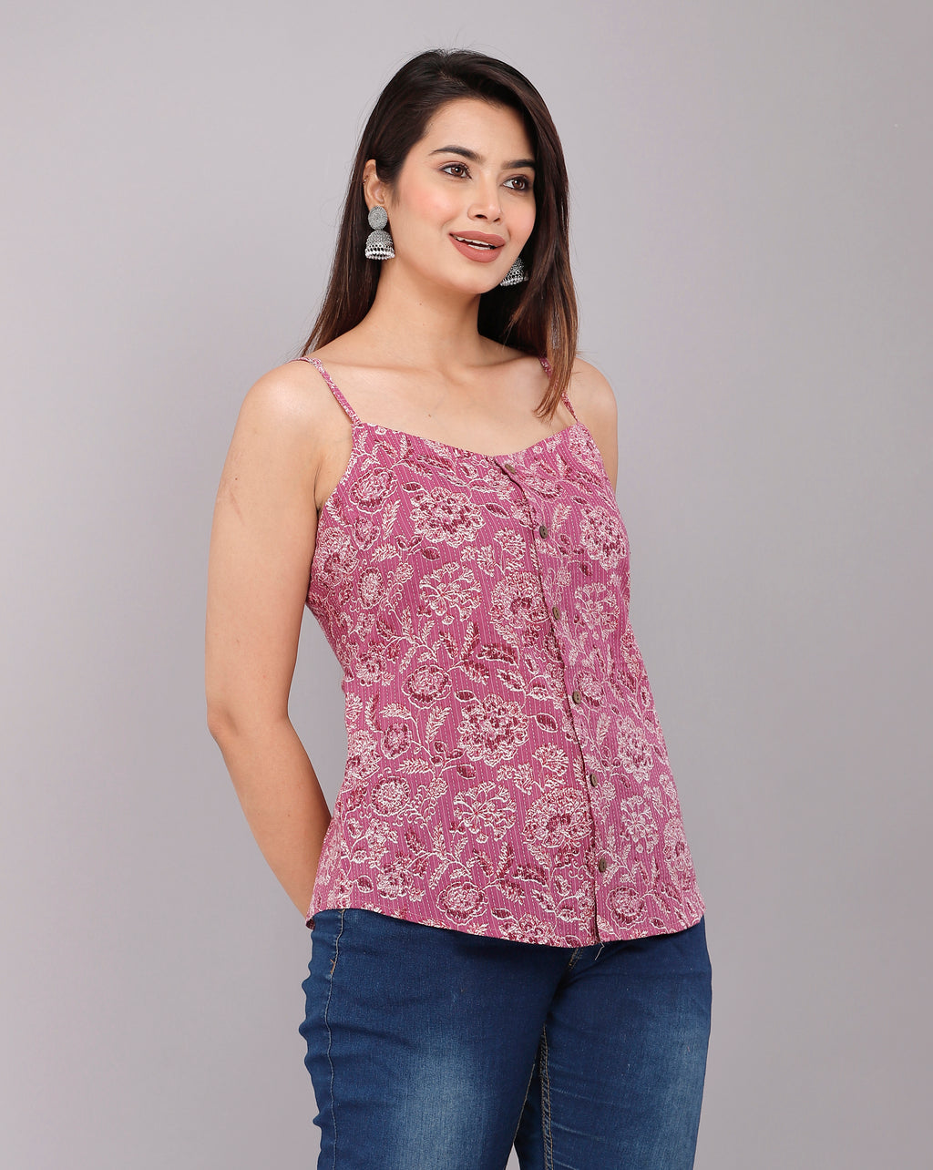 Mauve Floral Printed Cotton Spaghetti Strap Top