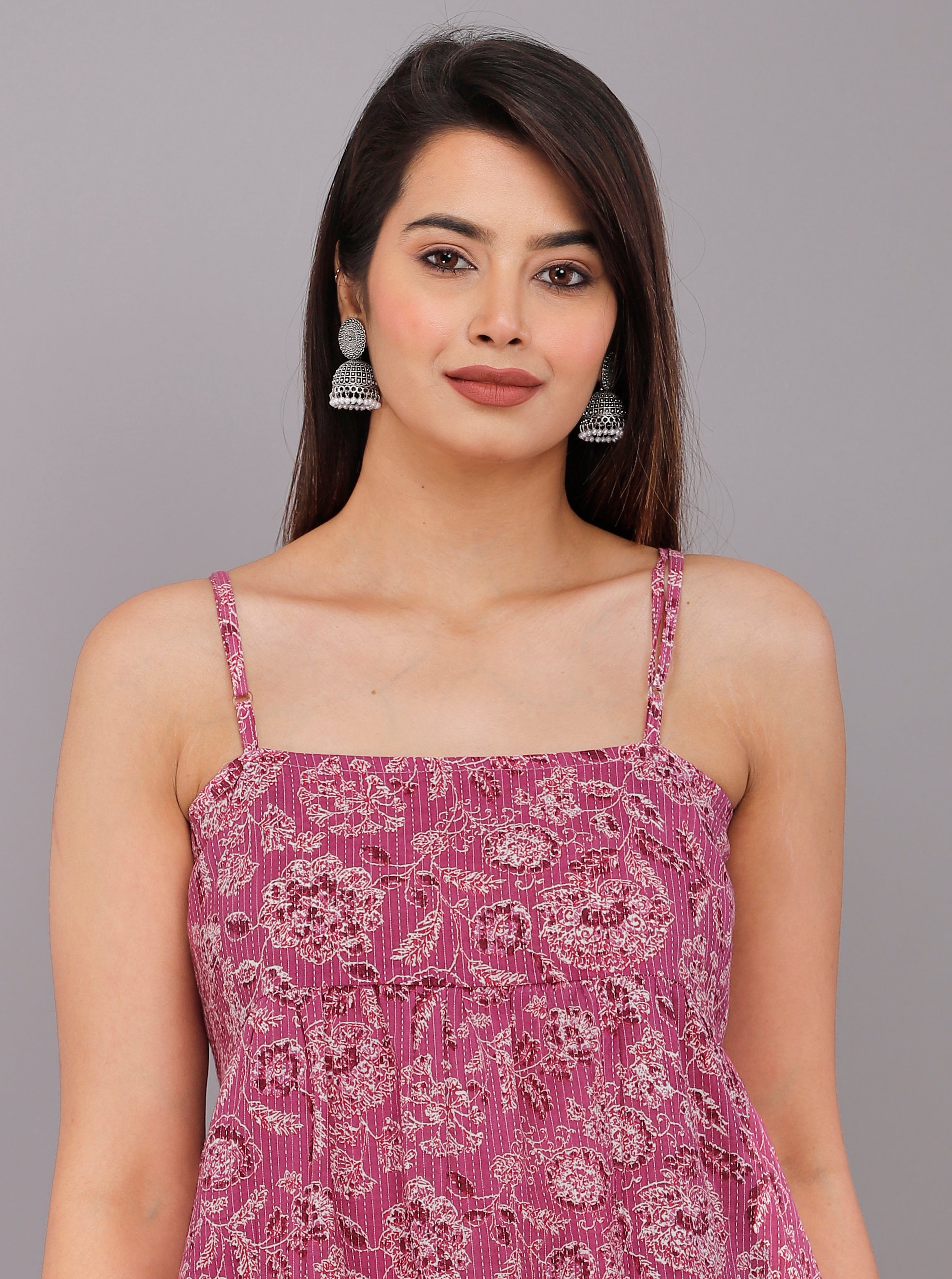 Mauve Floral Printed Cotton Spaghetti Strap Top