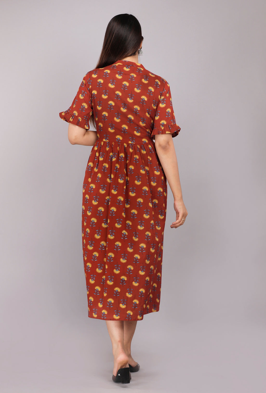 Rust Floral Printed Cotton Casual Wear  Dress