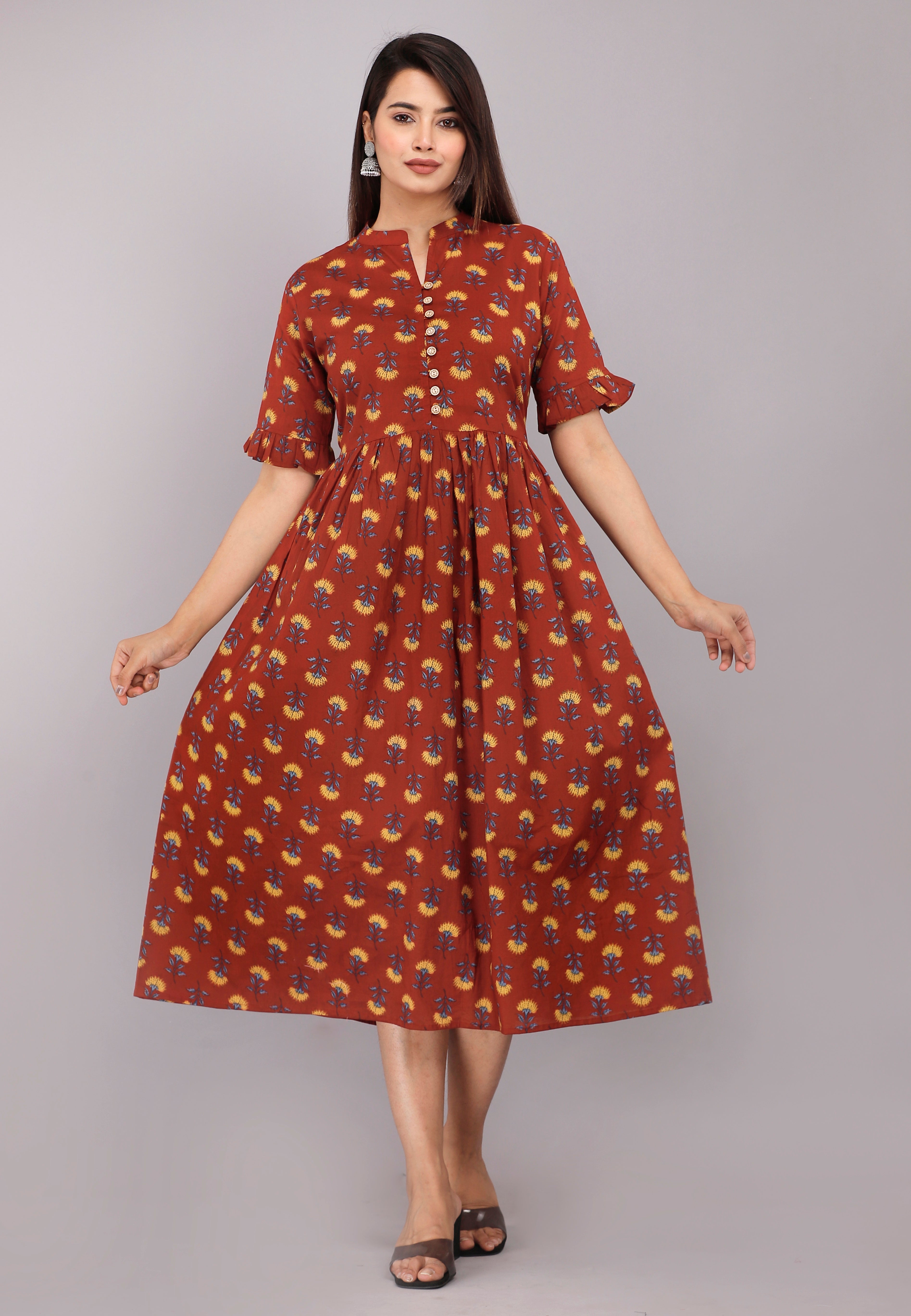 Rust Floral Printed Cotton Casual Wear  Dress