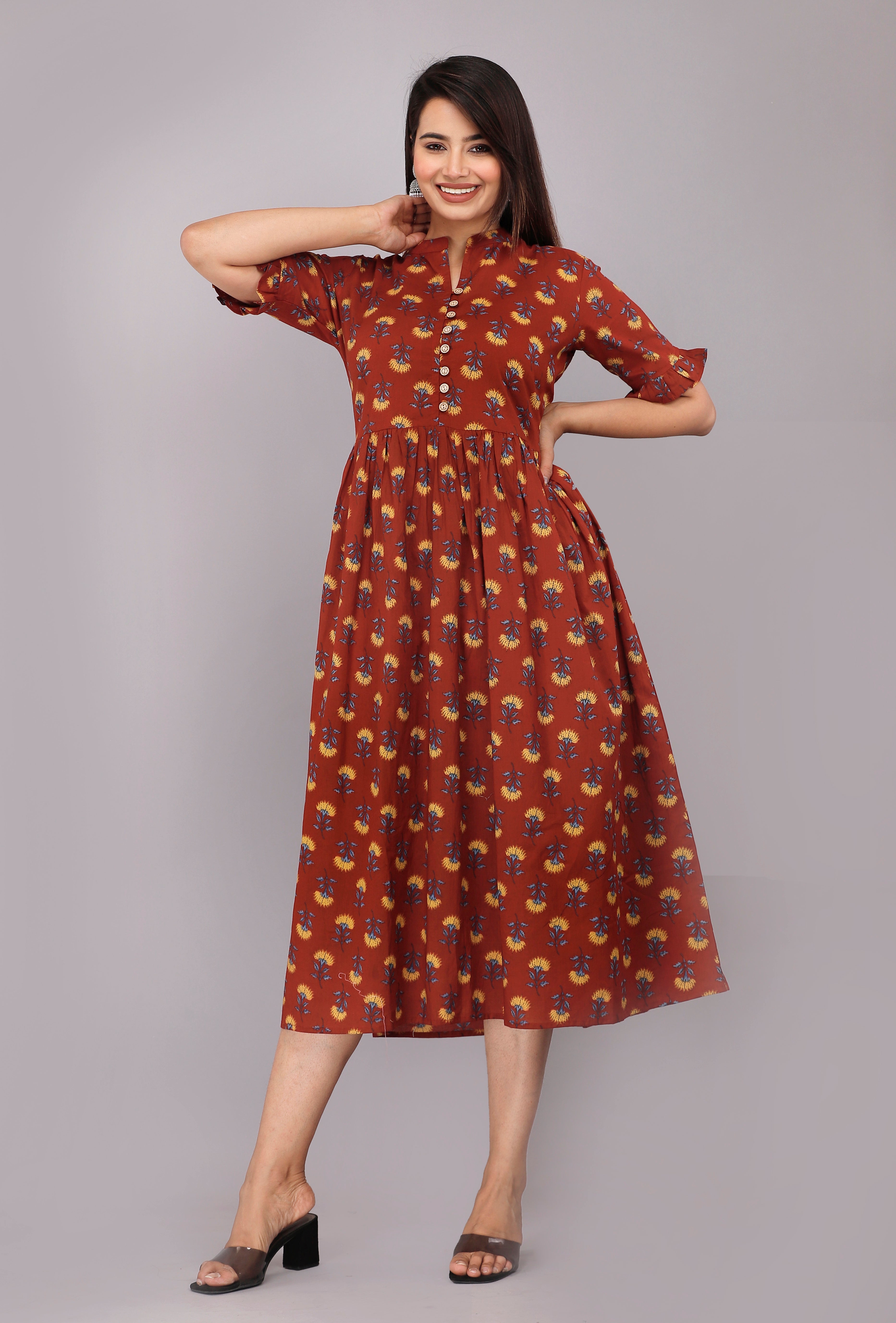 Rust Floral Printed Cotton Casual Wear  Dress