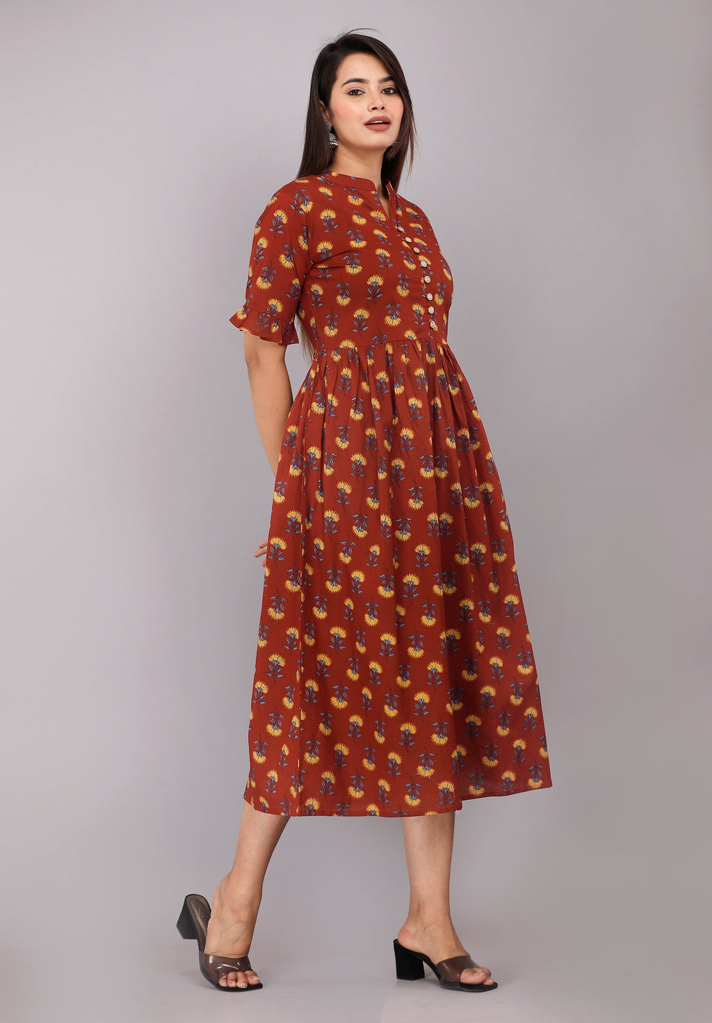 Rust Floral Printed Cotton Casual Wear  Dress