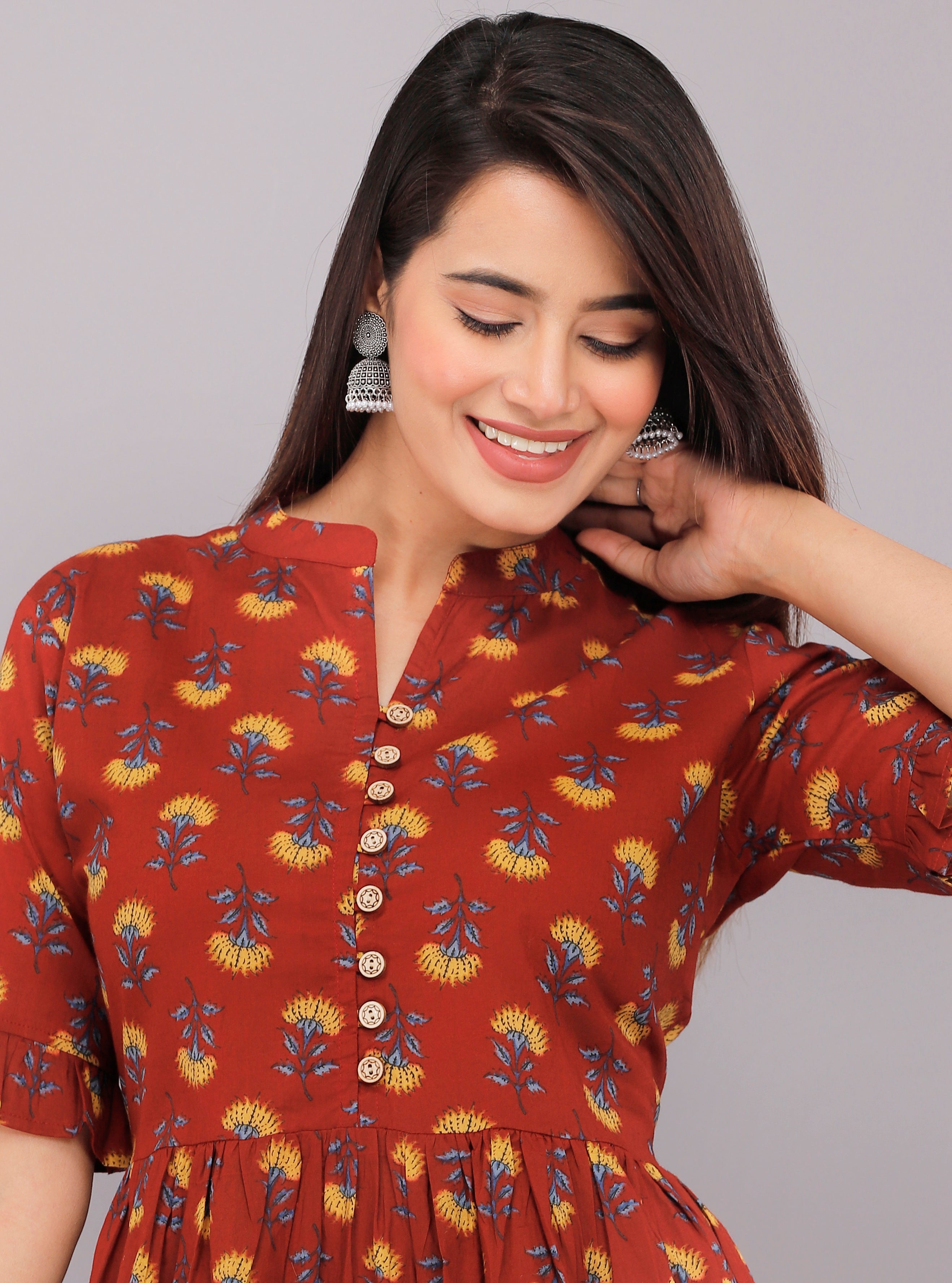 Rust Floral Printed Cotton Casual Wear  Dress