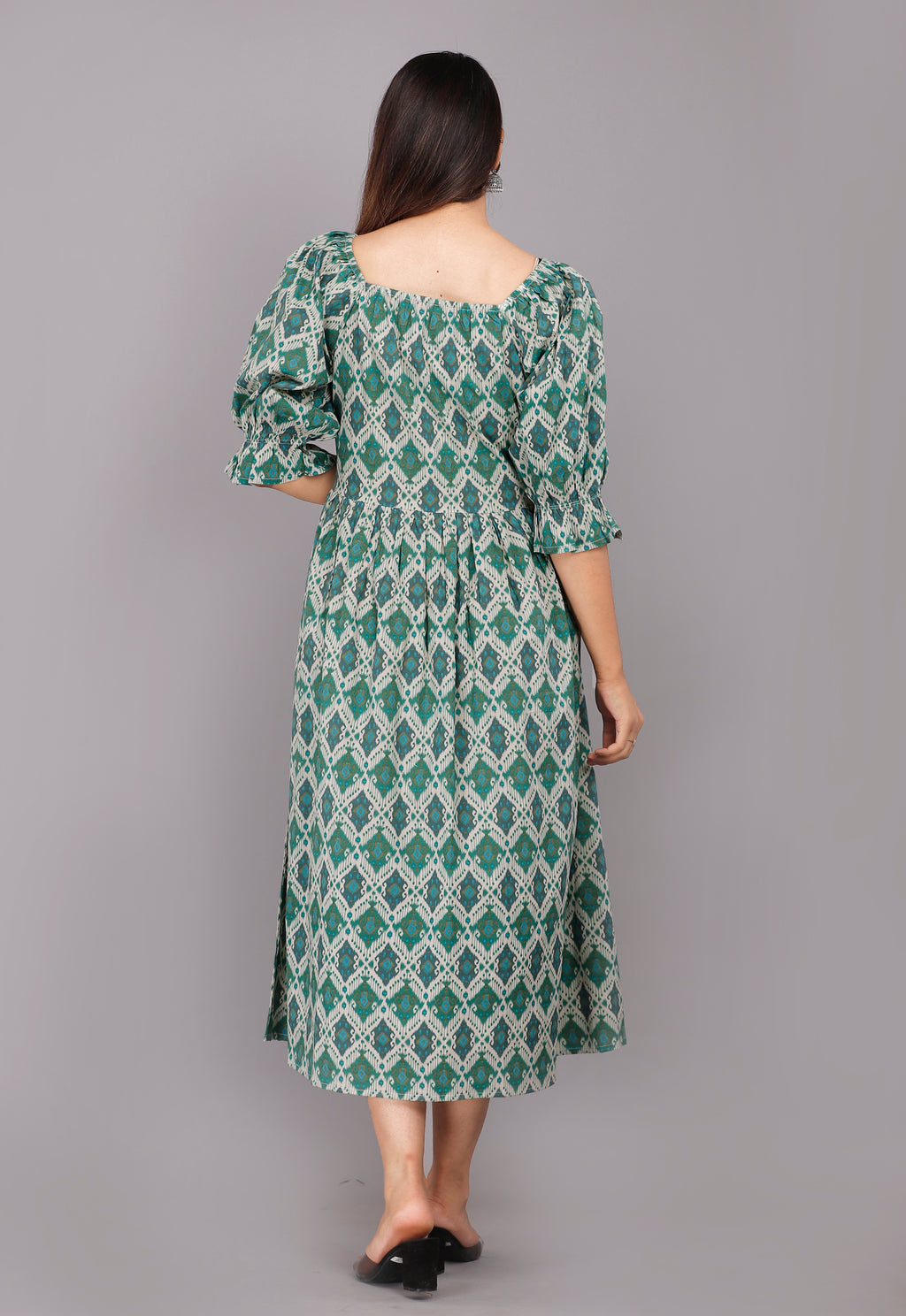 Green Geometric Printed Cotton Casual Wear Dress