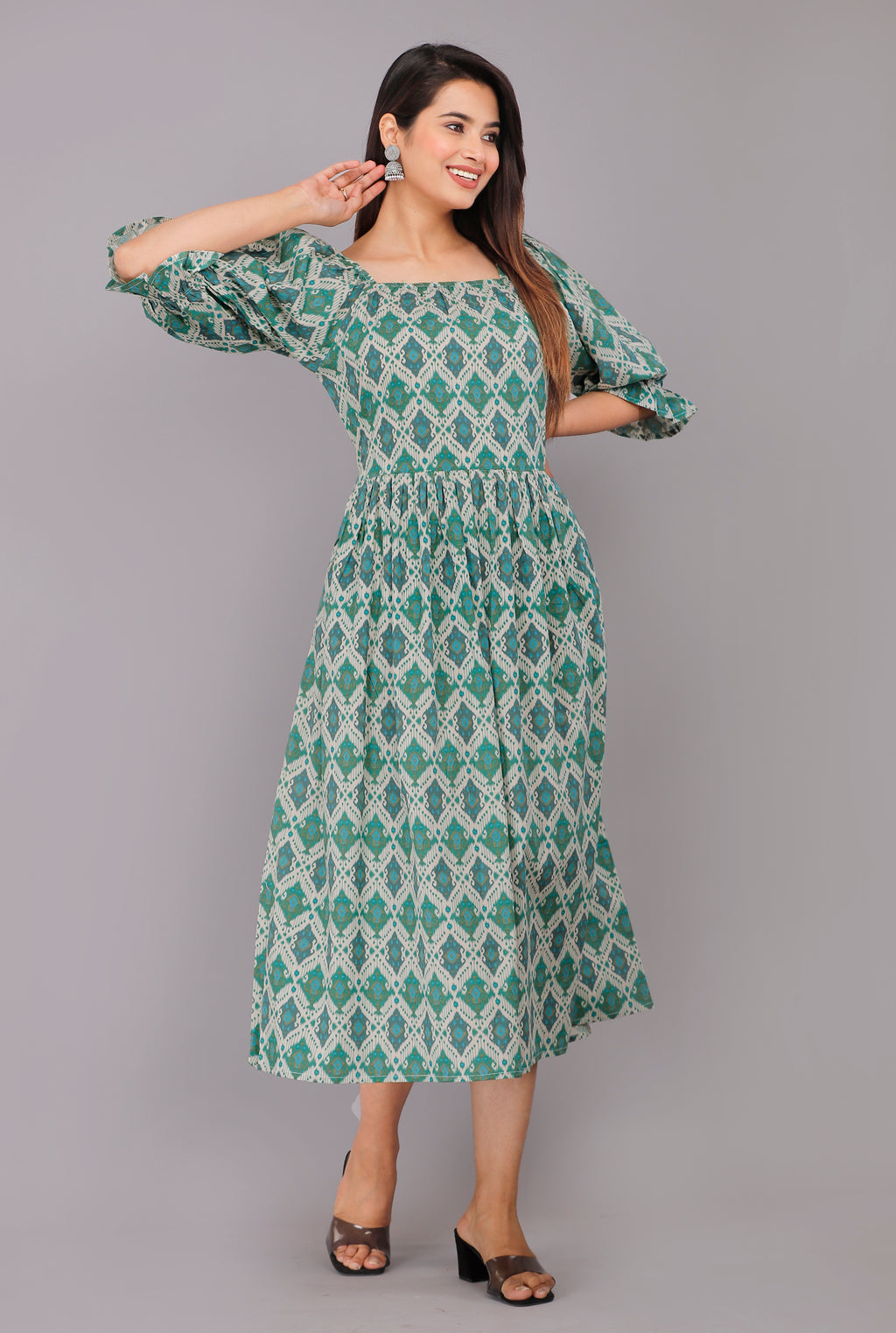 Green Geometric Printed Cotton Casual Wear Dress
