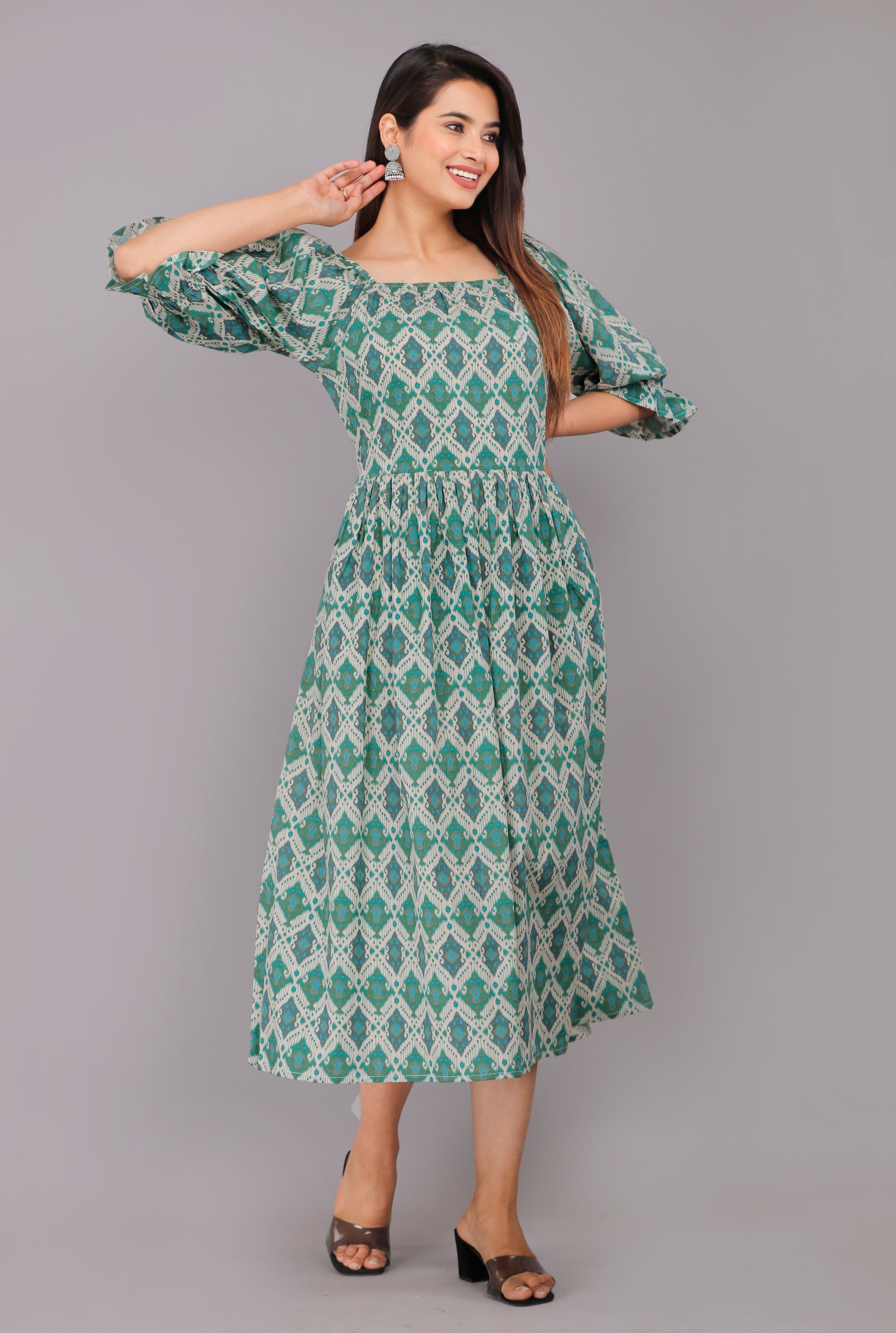 Green Geometric Printed Cotton Casual Wear Dress