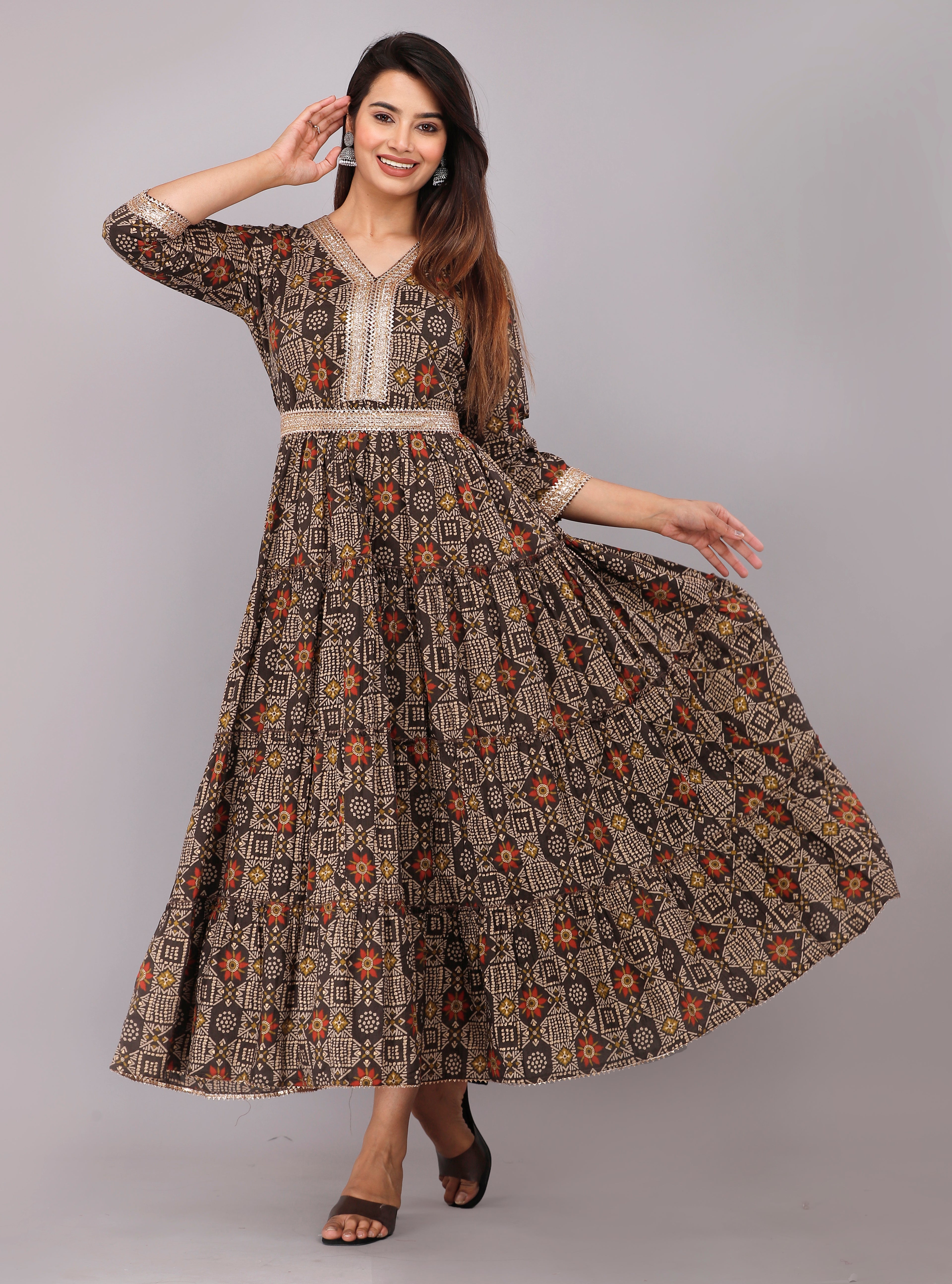 Brown Ethnic Printed Cotton Tiered Anarkali Casual Dress