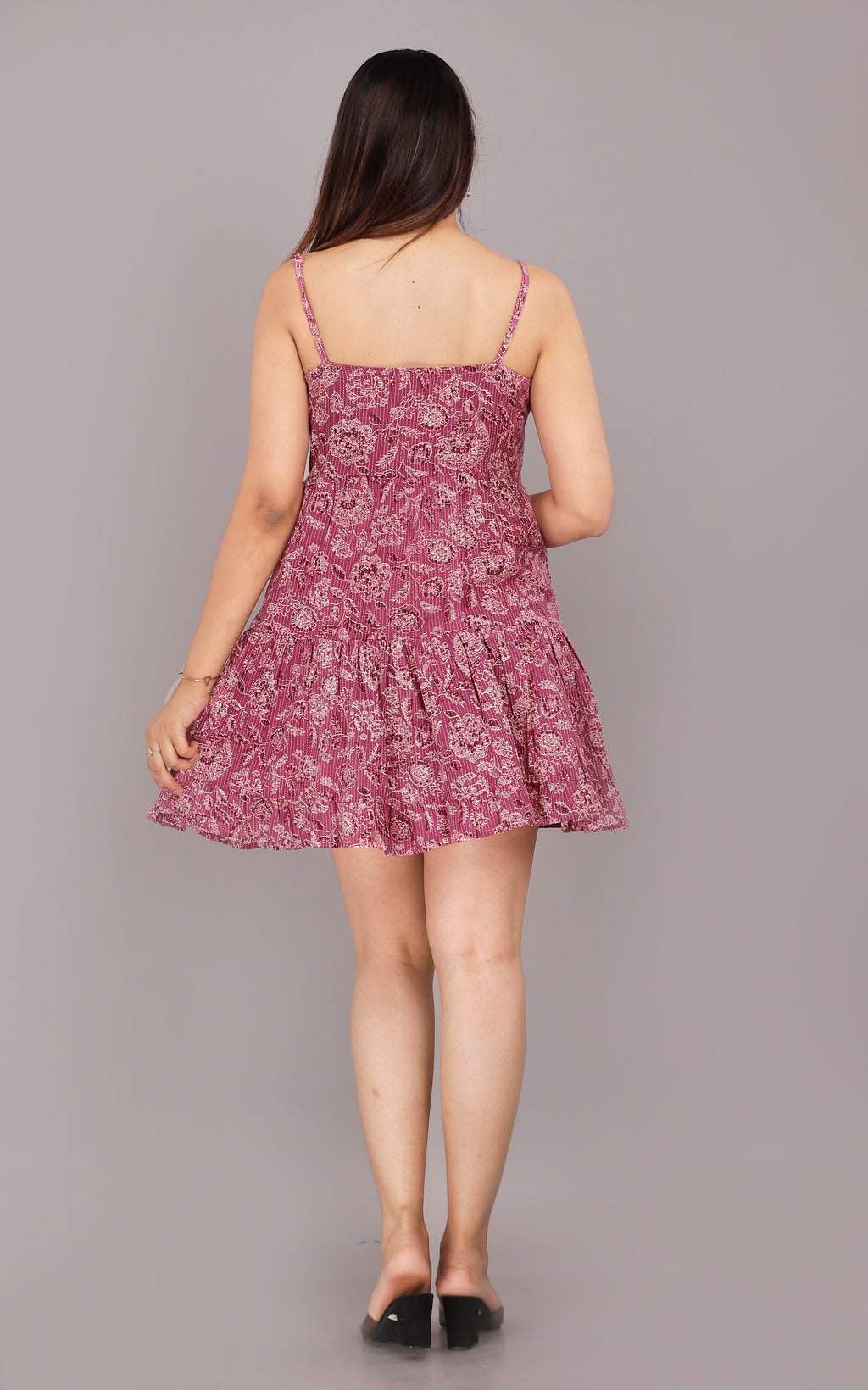 Rose Purple Printed Cotton Tiered Mini Dress