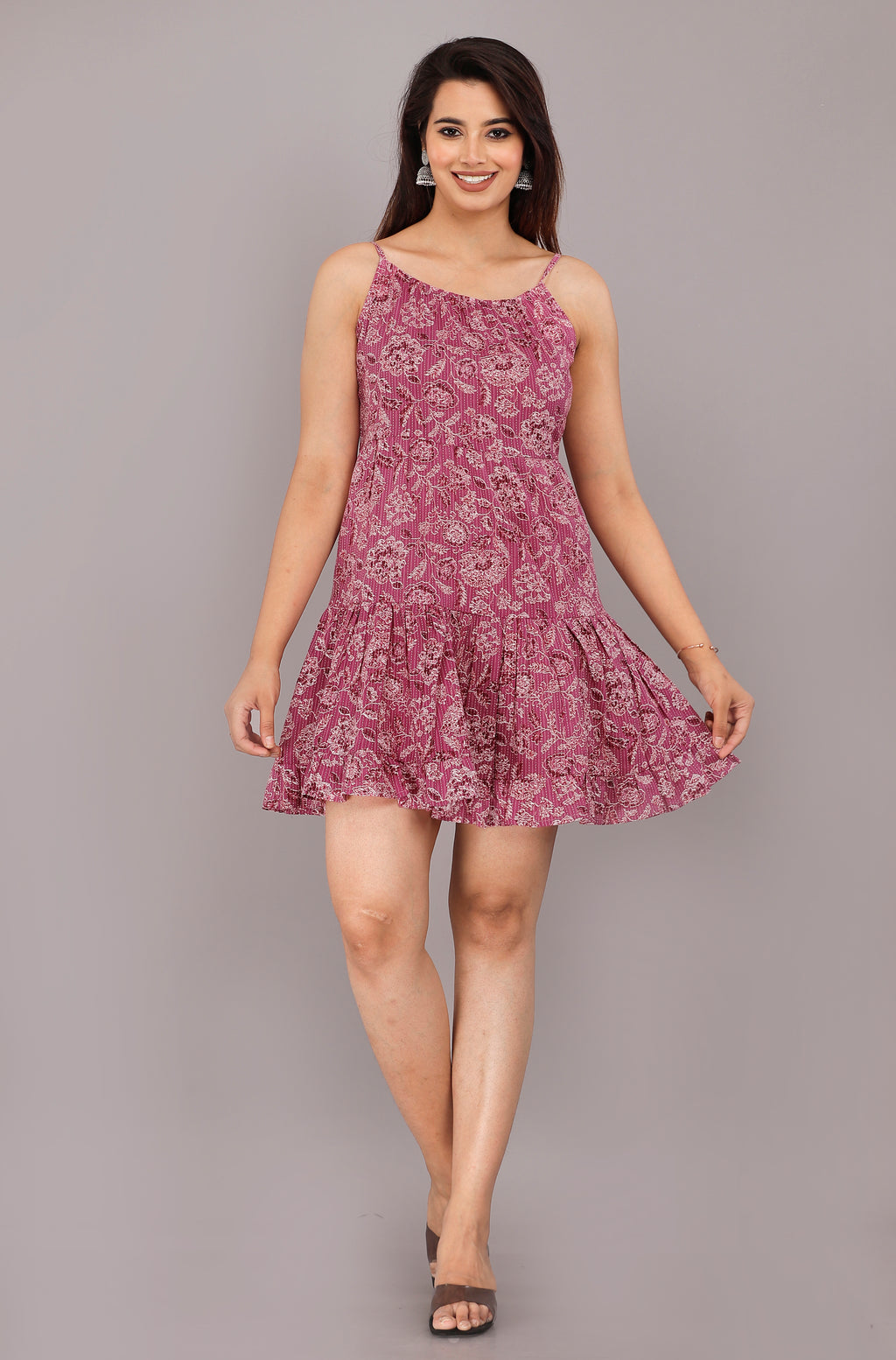 Rose Purple Printed Cotton Tiered Mini Dress