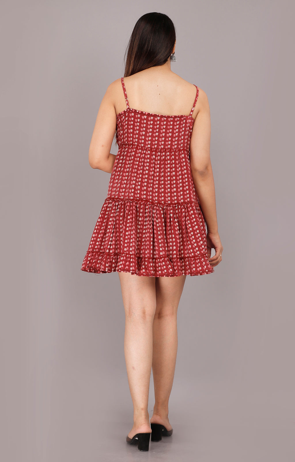 Crimson Red Printed Cotton Tiered Mini Dress