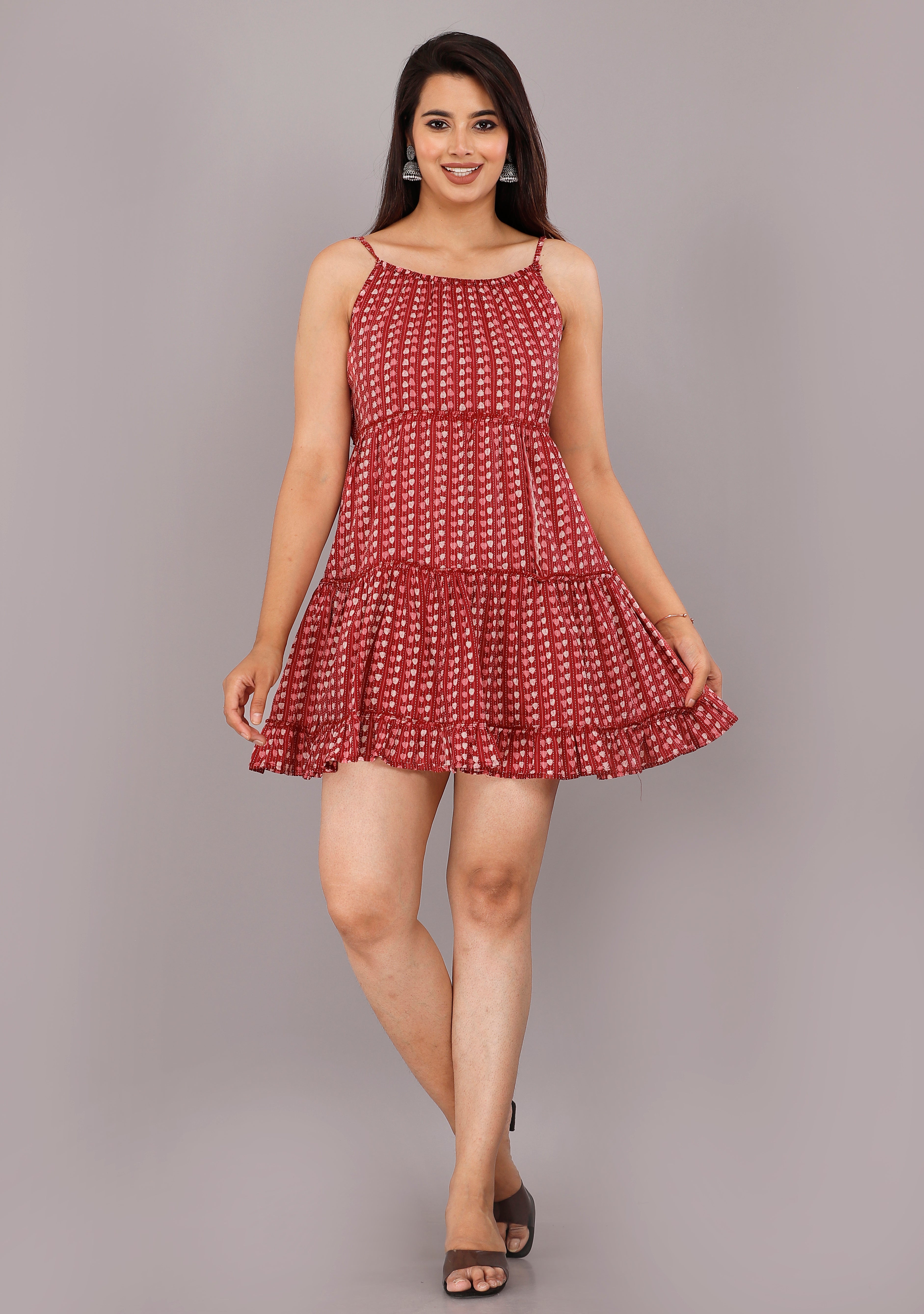 Crimson Red Printed Cotton Tiered Mini Dress