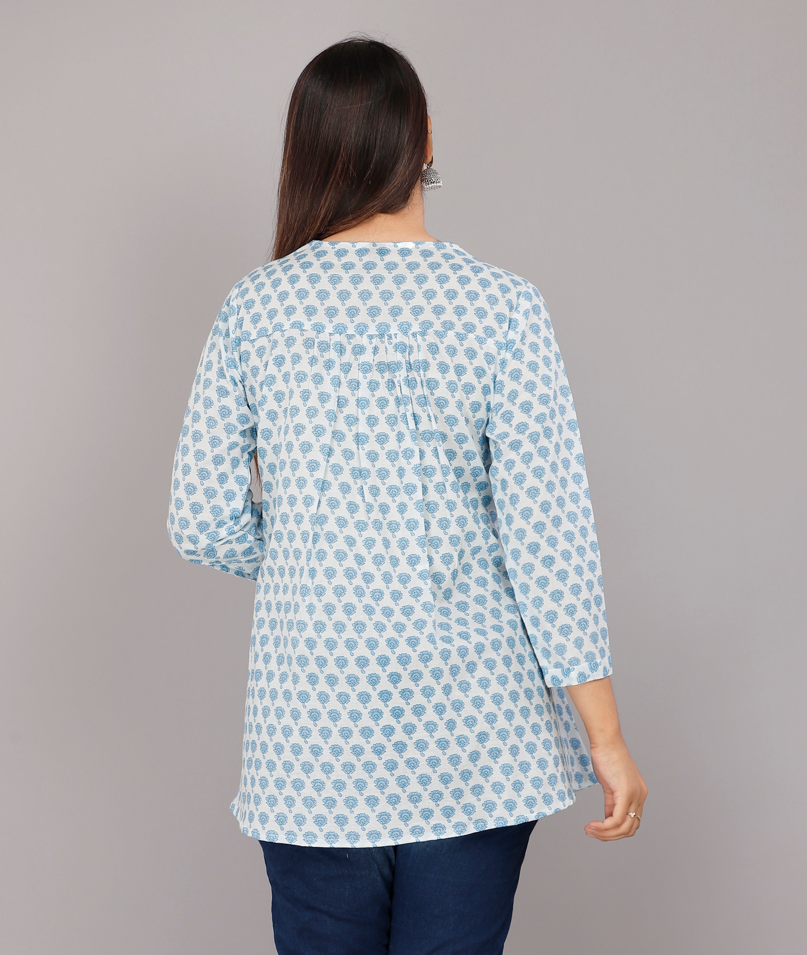 Sky Bloom Handblock Printed Cotton Peplum Top