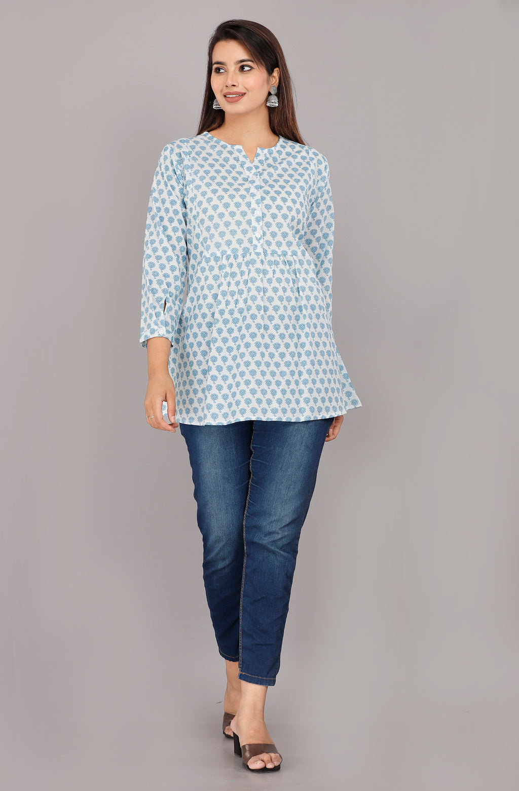 Sky Bloom Handblock Printed Cotton Peplum Top