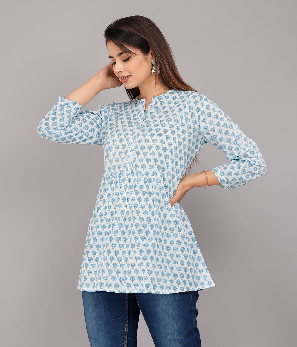 Sky Bloom Handblock Printed Cotton Peplum Top
