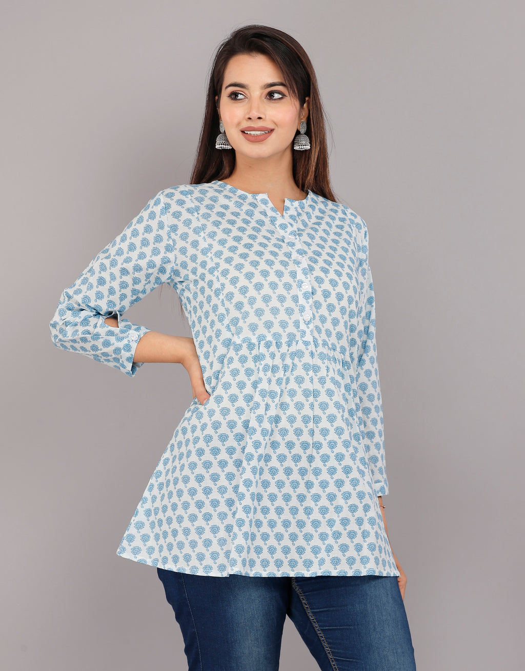 Sky Bloom Handblock Printed Cotton Peplum Top