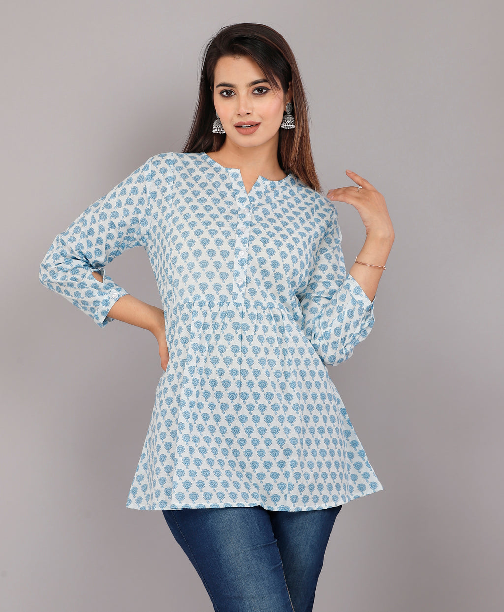 Sky Bloom Handblock Printed Cotton Peplum Top