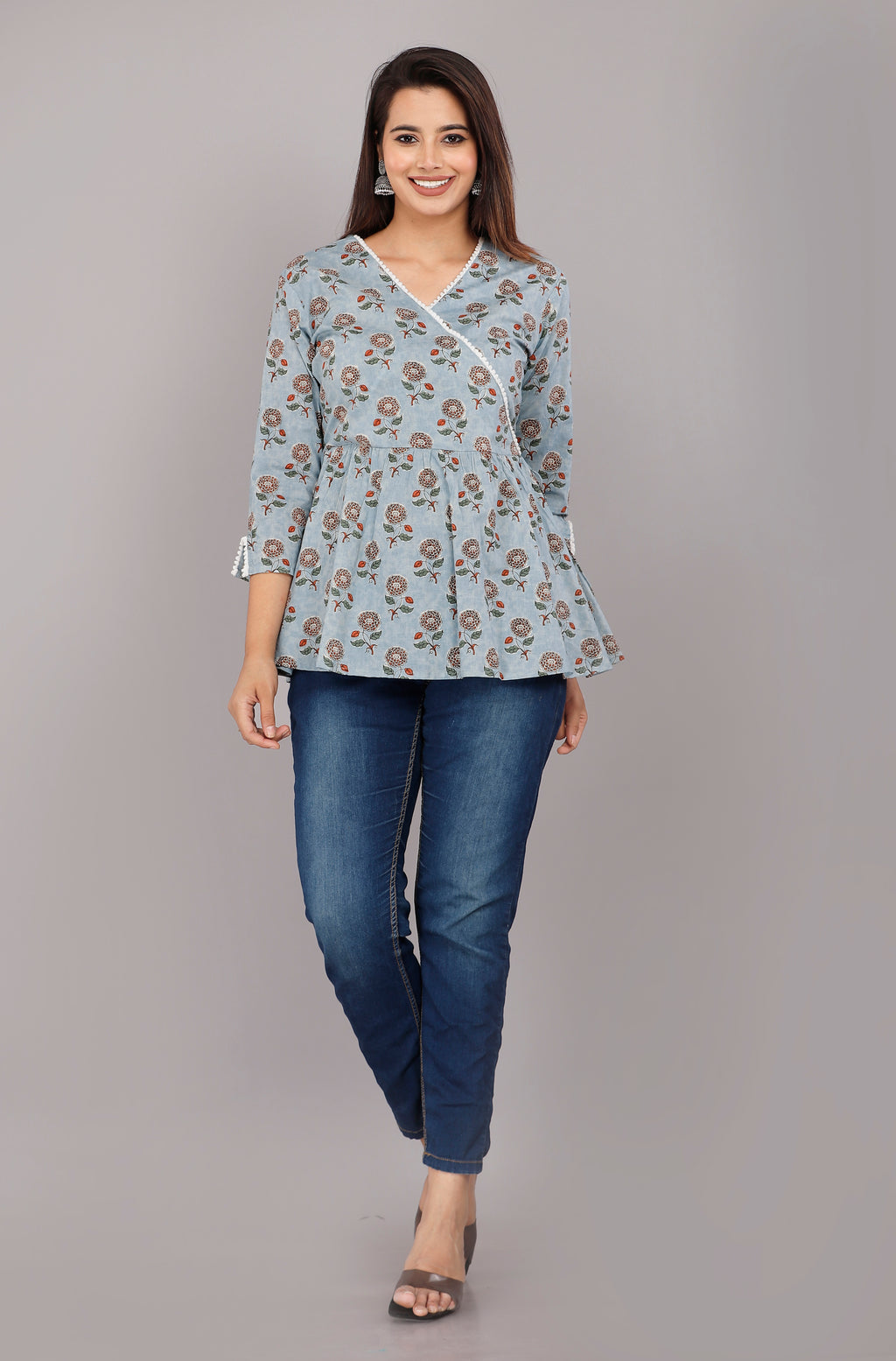 Misty Bloom Wrap-Style Handblock Cotton Top