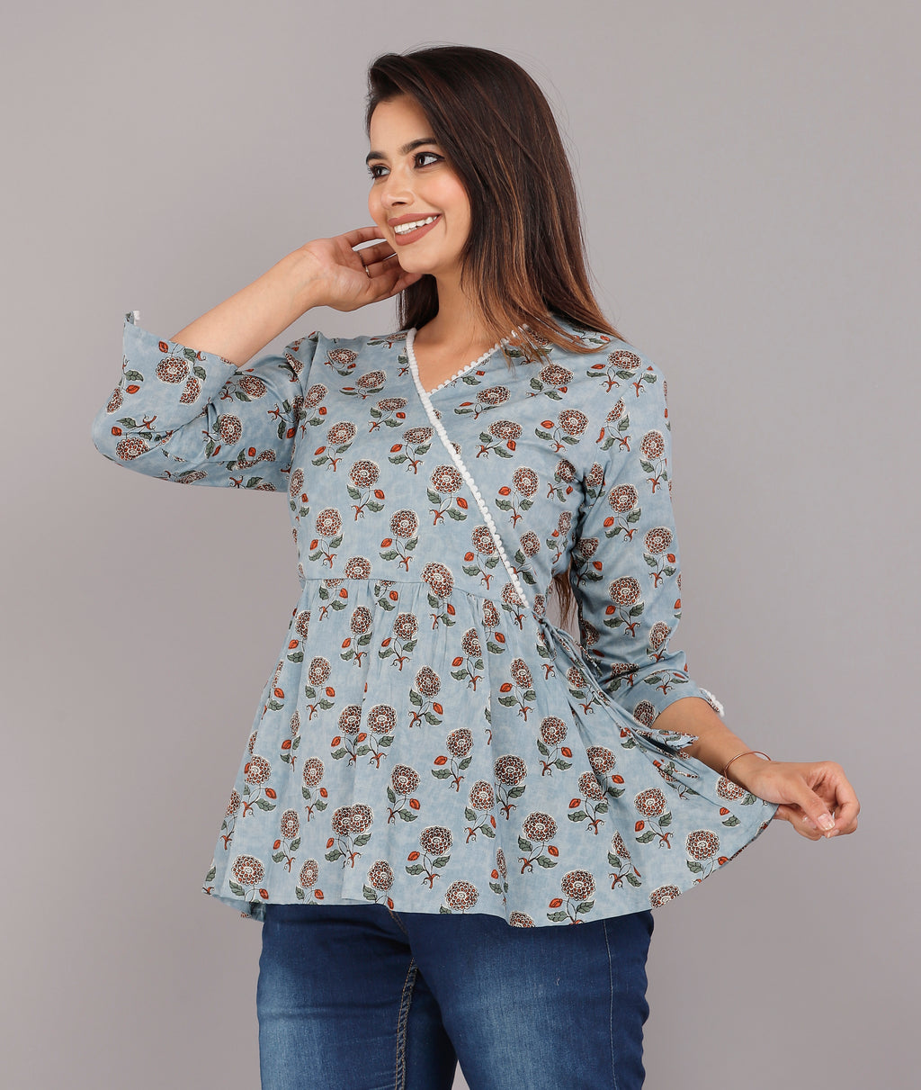 Misty Bloom Wrap-Style Handblock Cotton Top