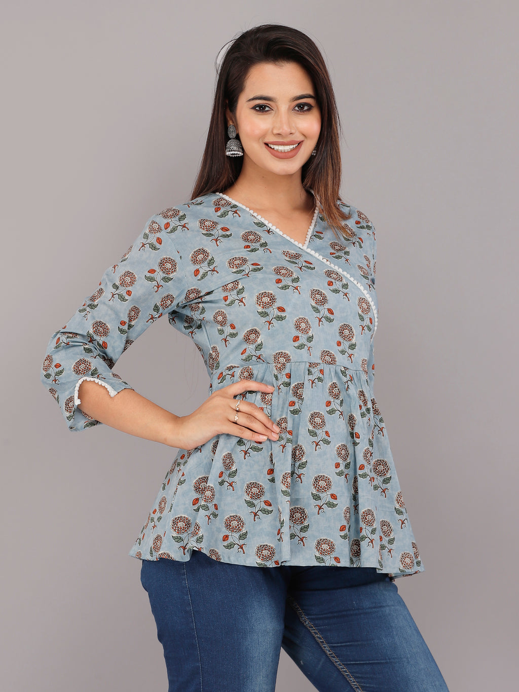 Misty Bloom Wrap-Style Handblock Cotton Top