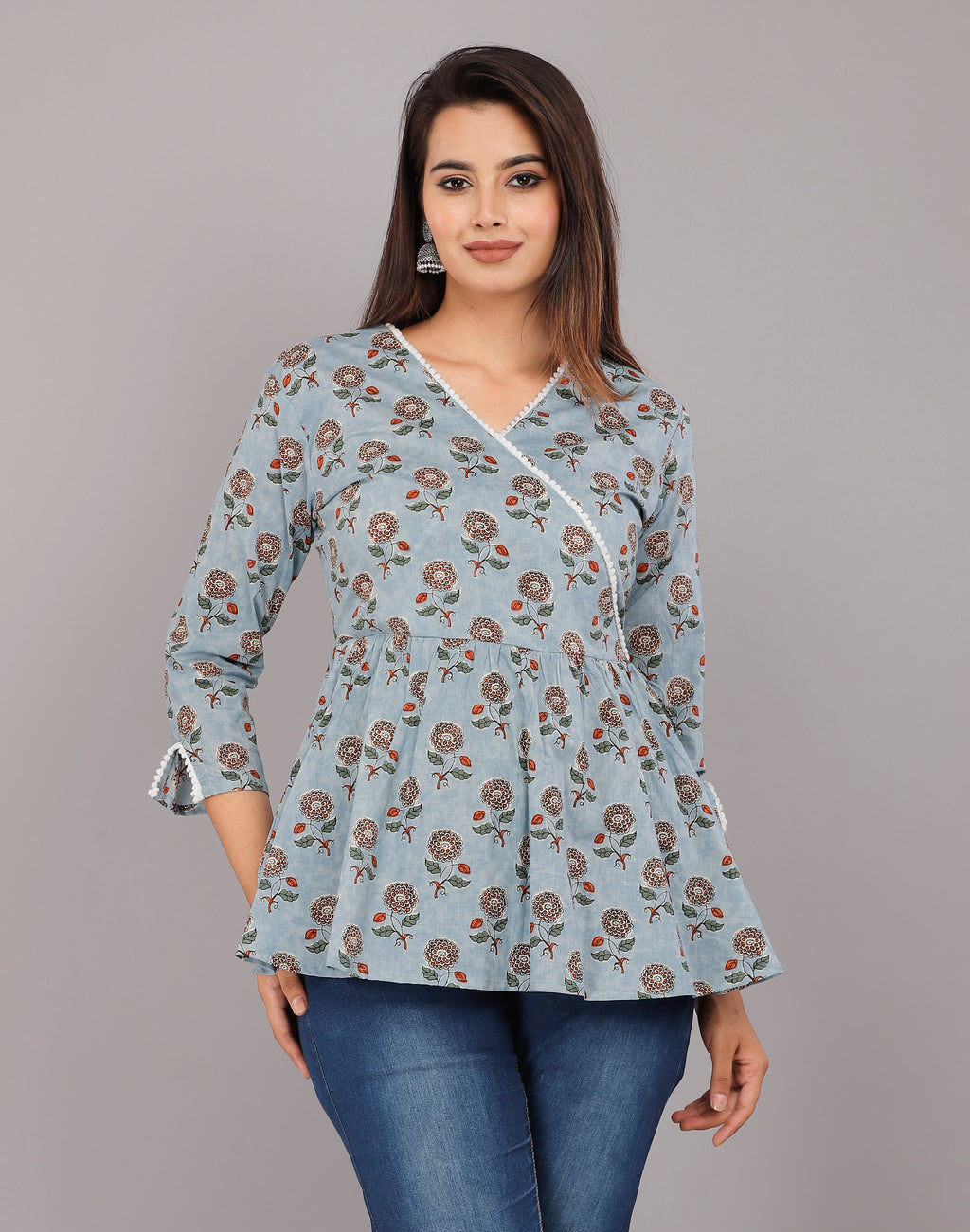 Misty Bloom Wrap-Style Handblock Cotton Top