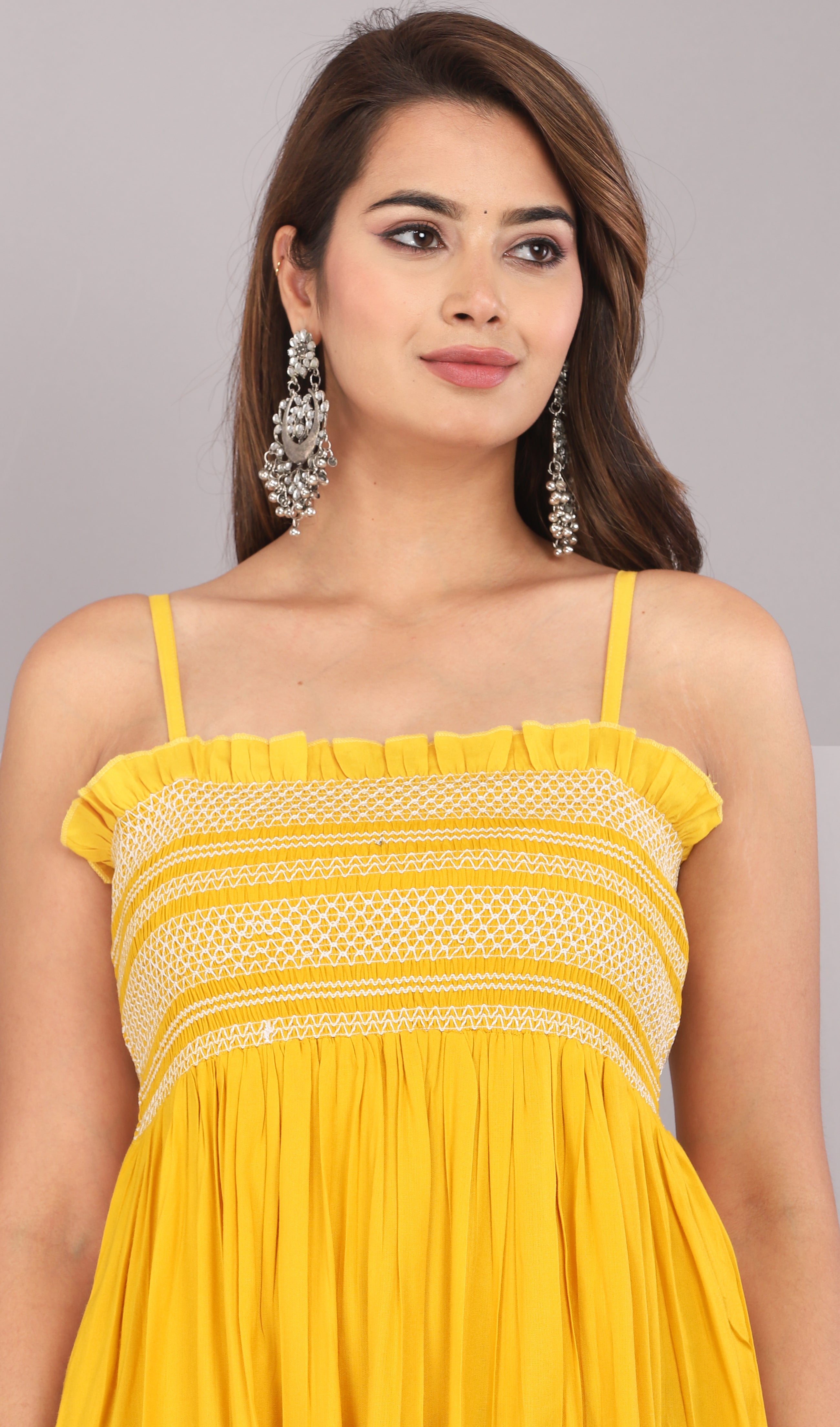 Yellow Smocked Rayon Fit & Flare Western Dress