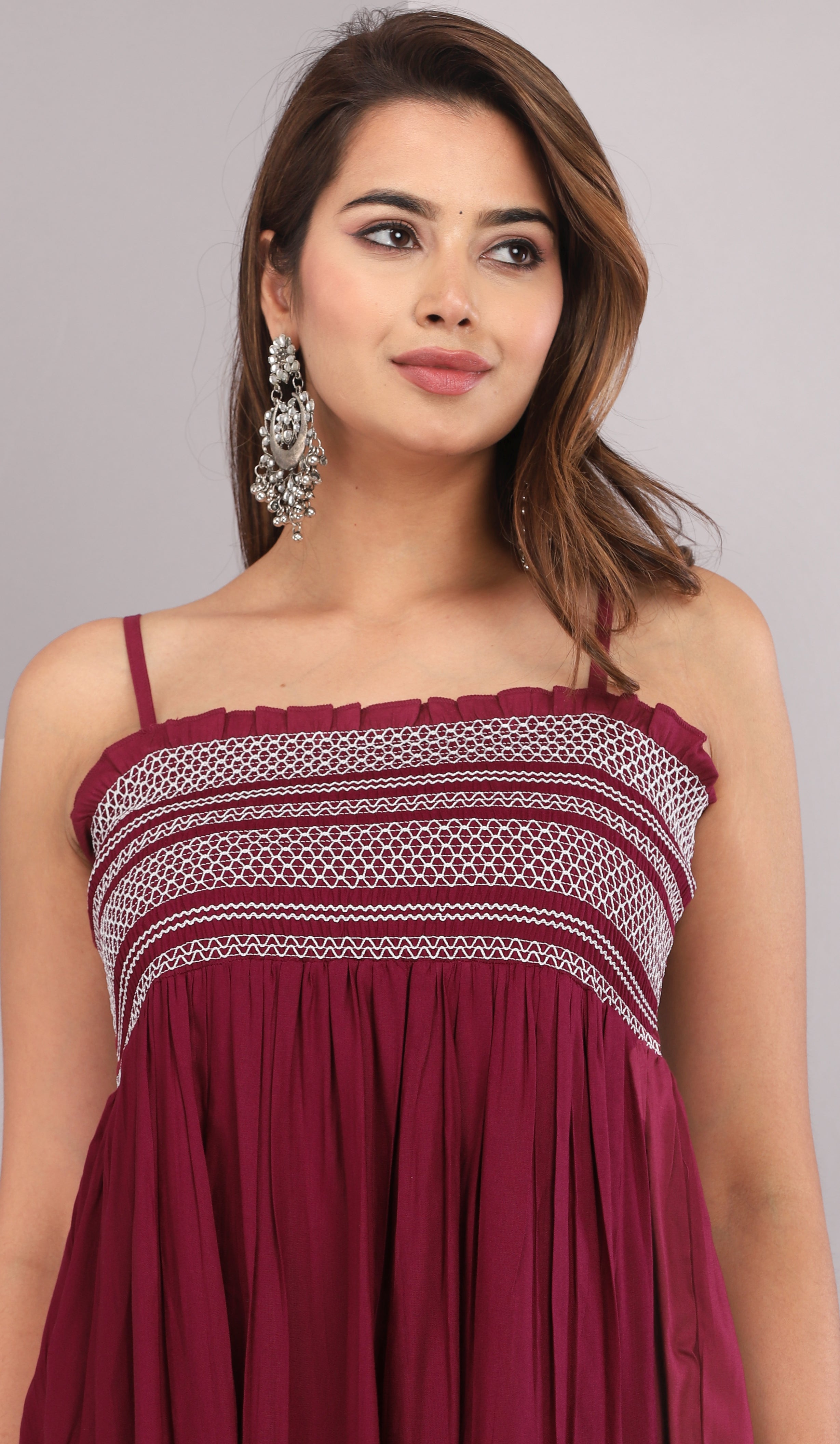 Wine Smocked Rayon Fit & Flare Western Dress