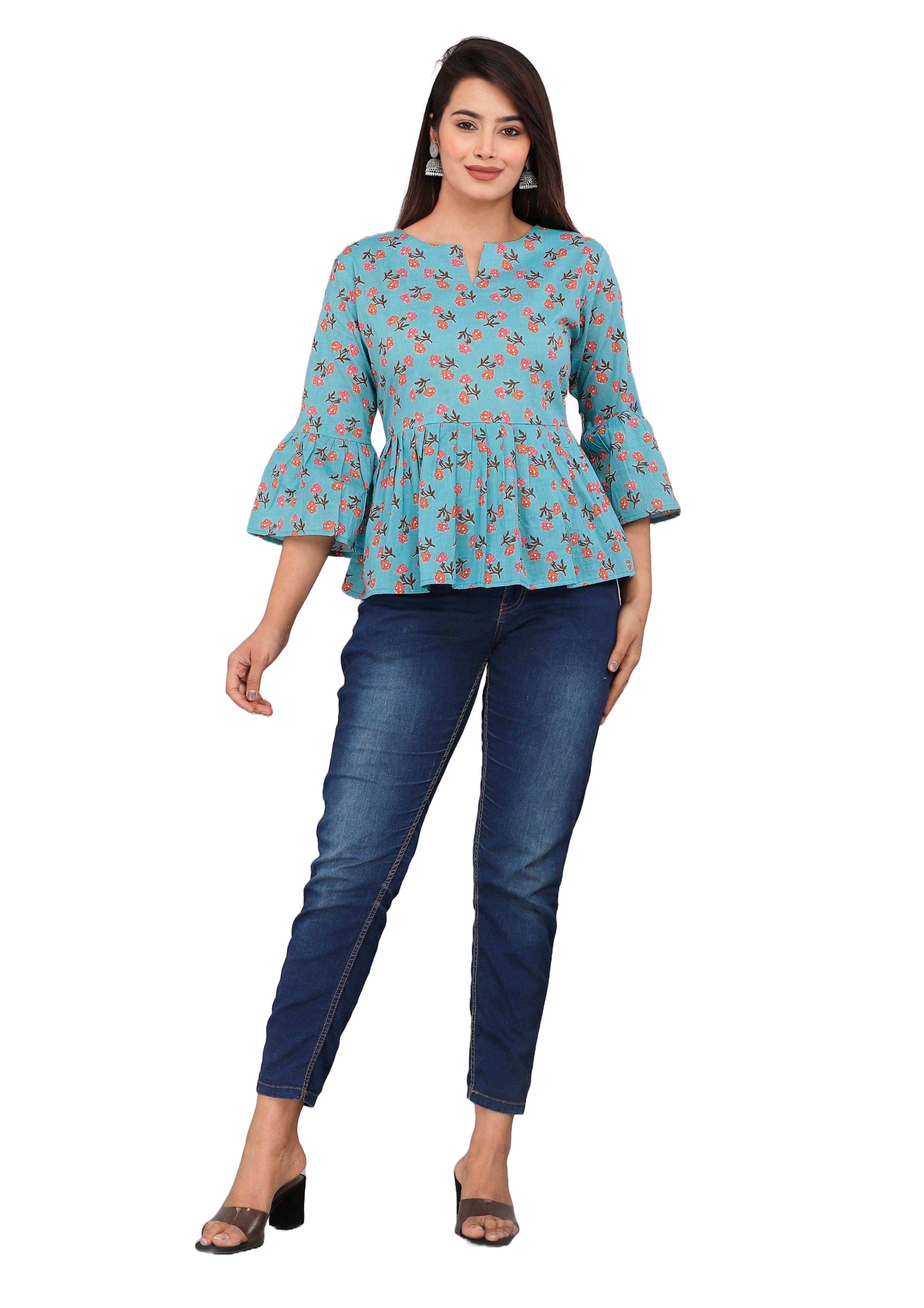 Blue Blossom Cotton Peplum Top