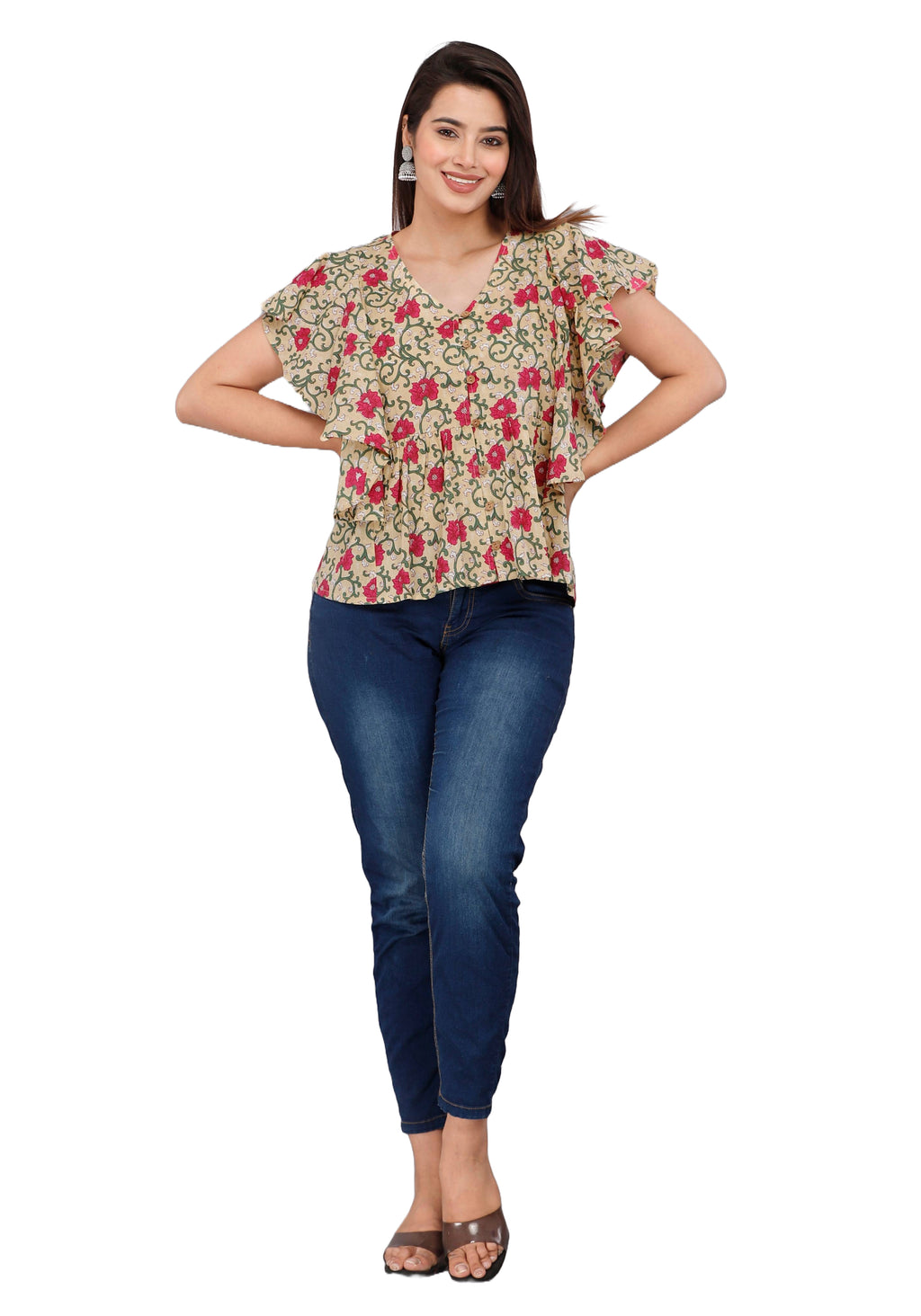Beige &amp; Pink Floral Butterfly Sleeve Cotton Top