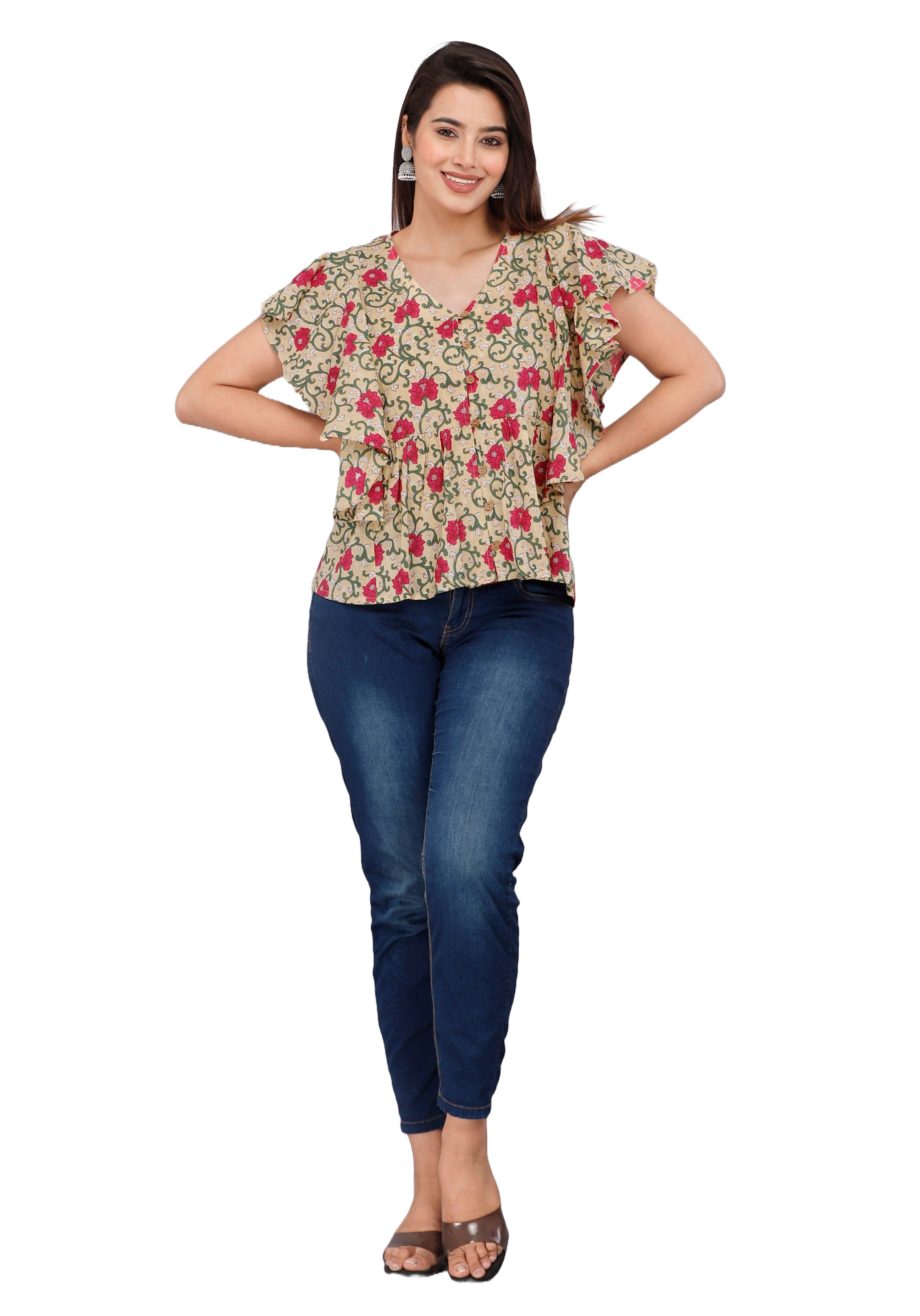 Beige &amp; Pink Floral Butterfly Sleeve Cotton Top